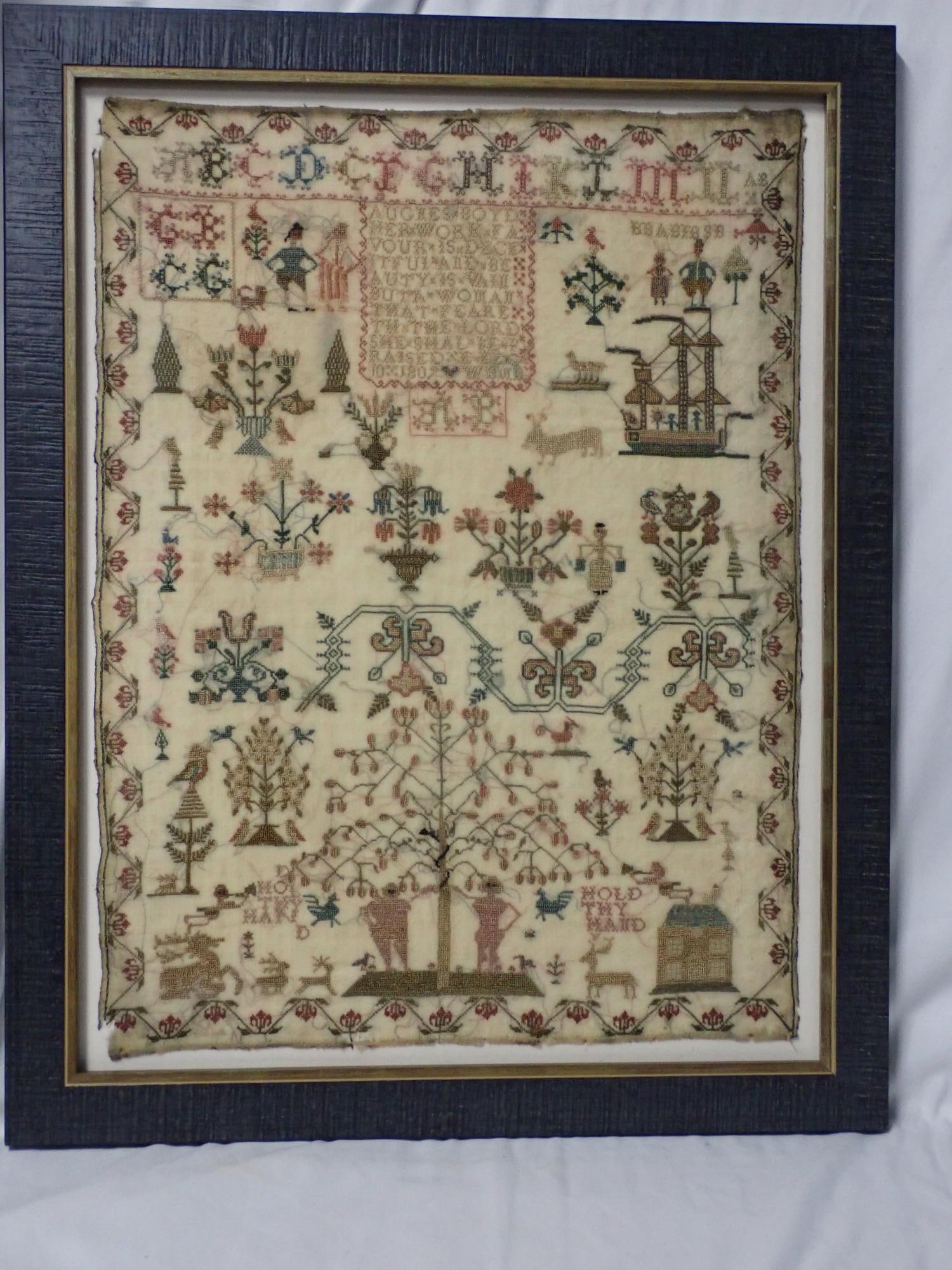 1809 Agnes Boyd Sampler: Agnes Boyd Her work favour is ? an Beauty is vain but a Wolman that feareth the Lord She shall Be raised. Dec 10 1809 depicting alphabet people ships flowers tress Adam and Eve.. Lots of gold thread.