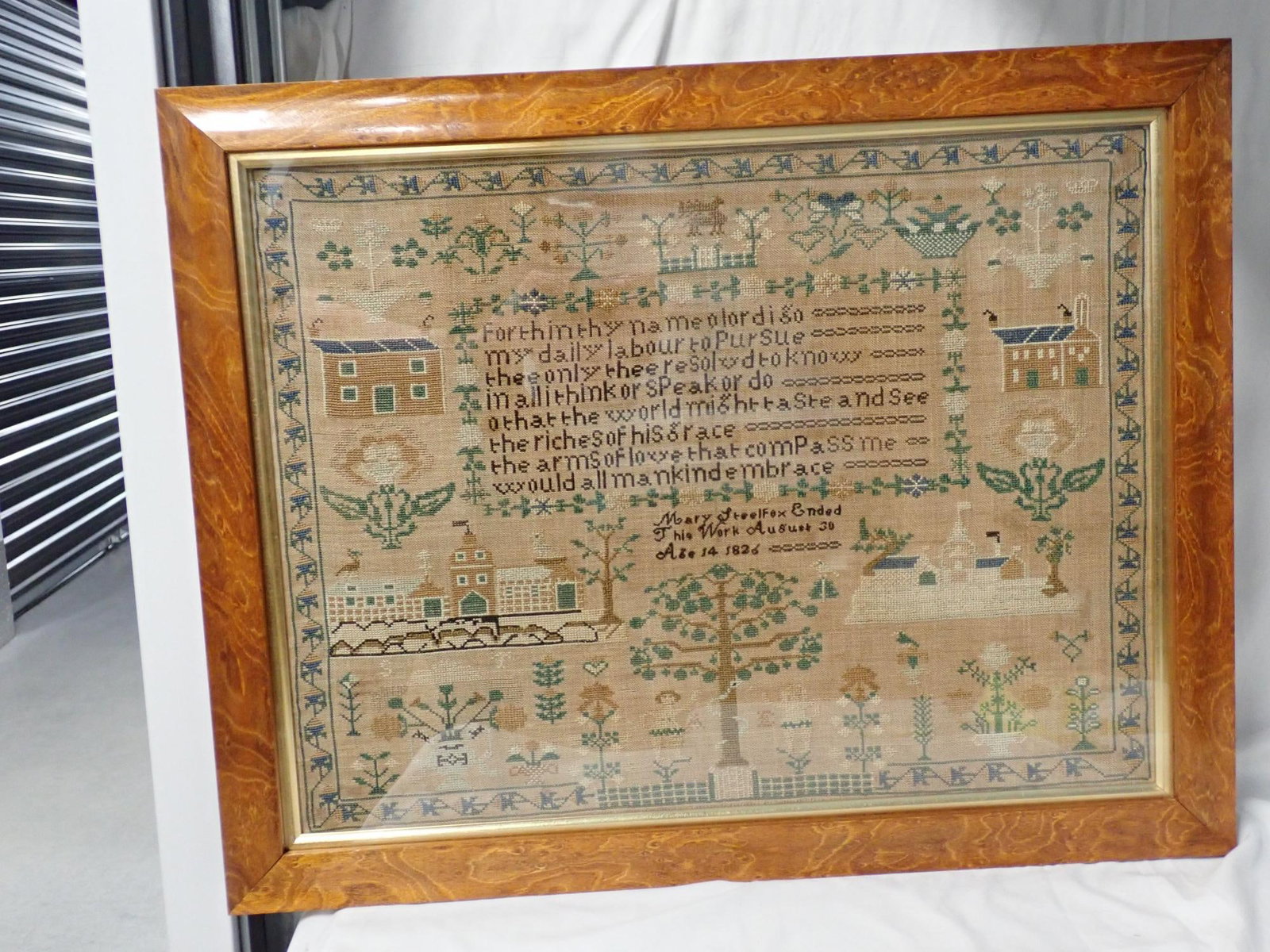 1826 Mary Steelfox Sampler: Mary Steelfox ended this work August 30 Age 14 1826 buildings, floral , nice blue embroidery thread. Religious verse. Some fabric loss Frame 20 1/2" x 26" Sampler 17" x 22 1/2"