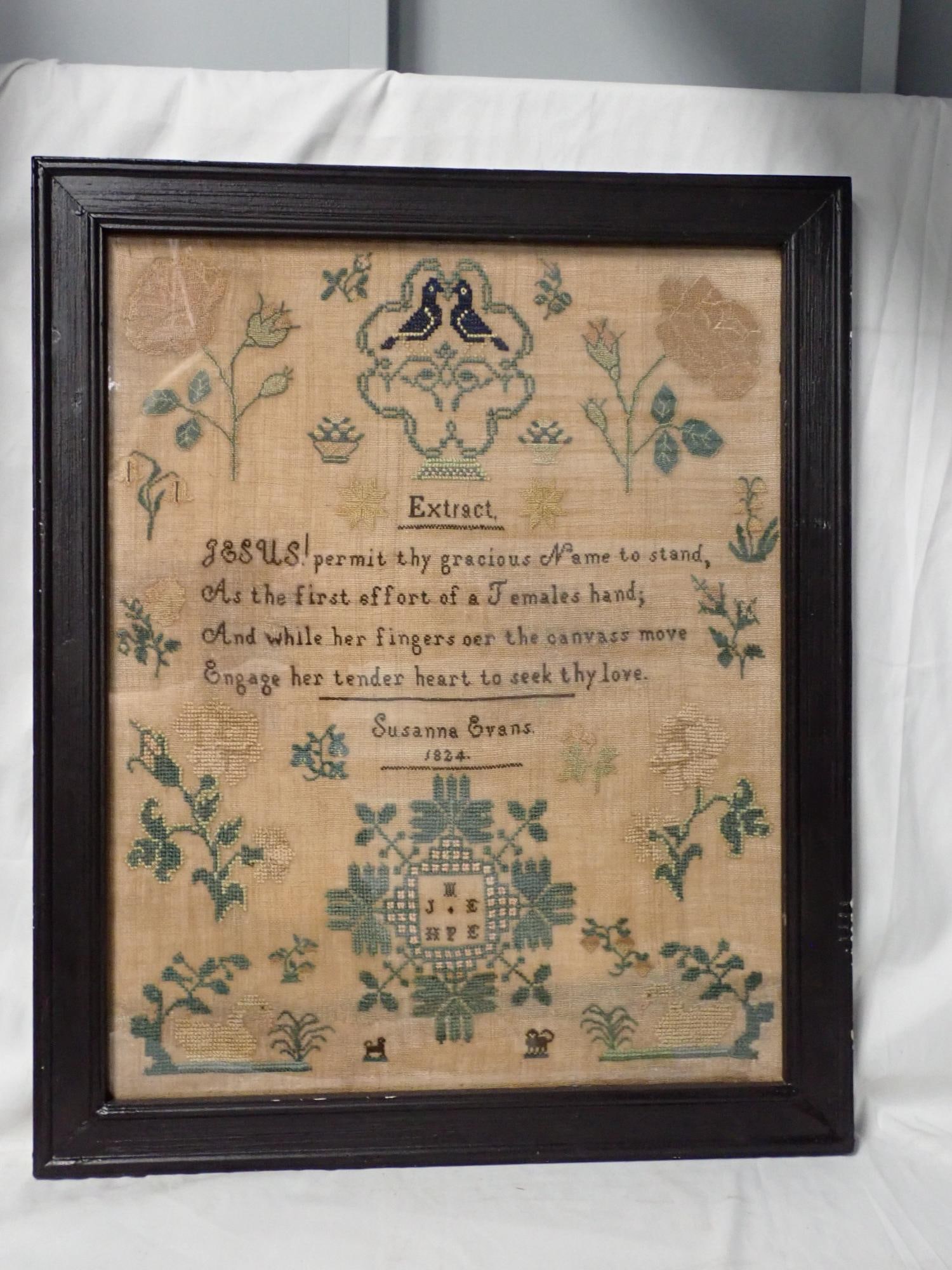 1824 Susanne Evans Sampler: Susanne Evans 1824 Titled Extract religious verse in center. Some fabric staining and fading -geometrical, floral and fauna motif Frame 22" x 18" Sampler 19" x 15 1/2"