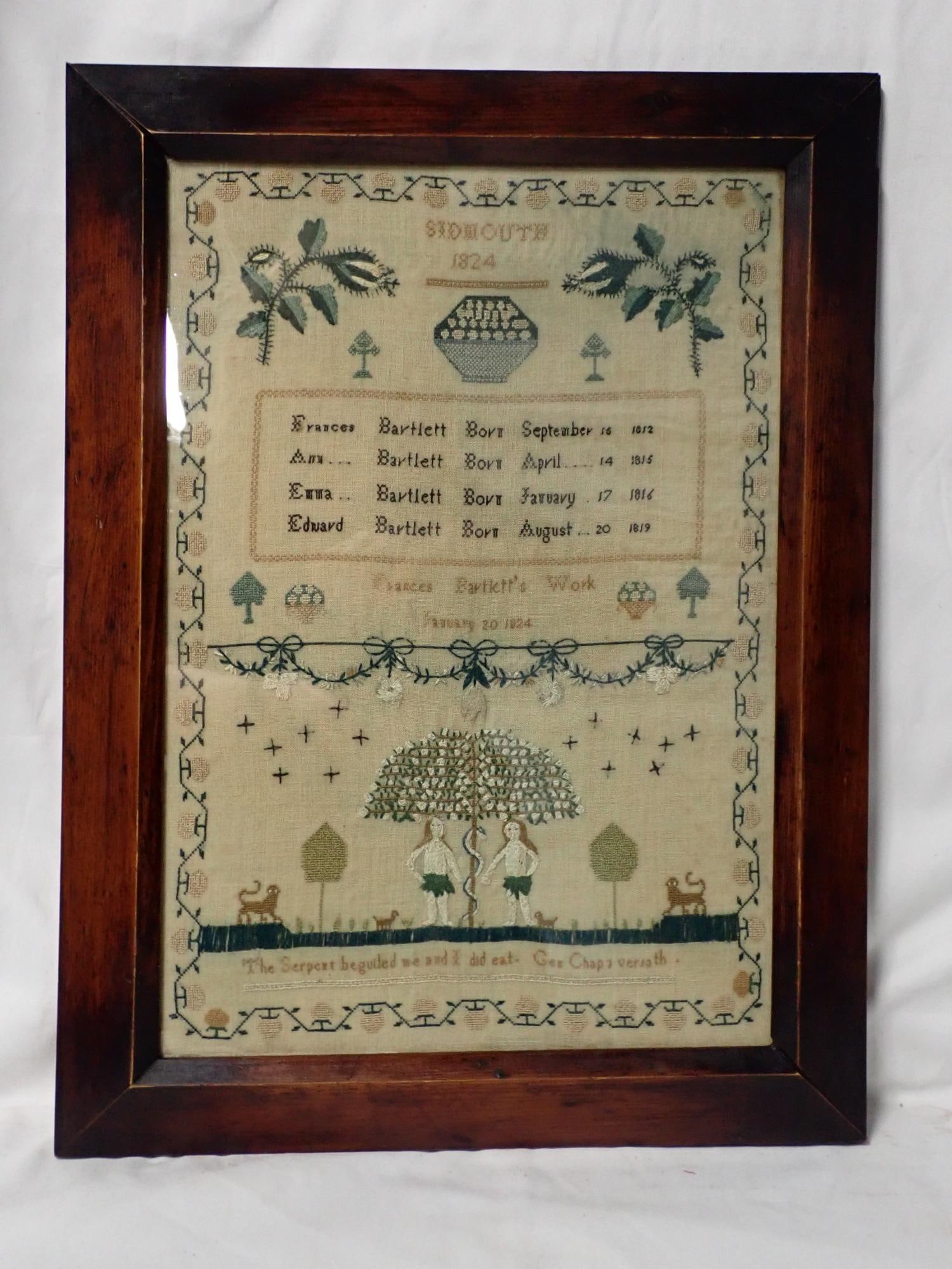1824 Frances Bartlett Siblings names and date of birth: Frances Bartlett's Work January 20, 1824 Sampler, Titled Sidmouth 1824 motif is siblings names and dates of birth, Adam and Eve. Nice vibrant blue dye color Frame 18" x 14" Sampler 15" x 10 1/2"