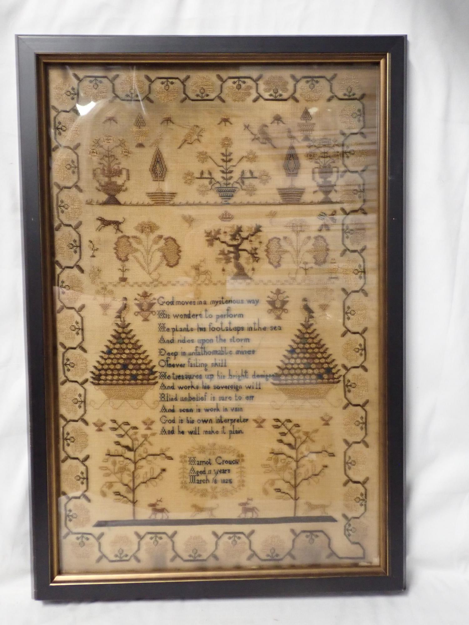 1825 Harriot Crouch Sampler: Harriot Crouch Aged 11 March 18 1825, religious verse in center, motif floral and fauna, some discoloration , fabric loss and staining Frame 22" x 15" Sampler 20" x 13"