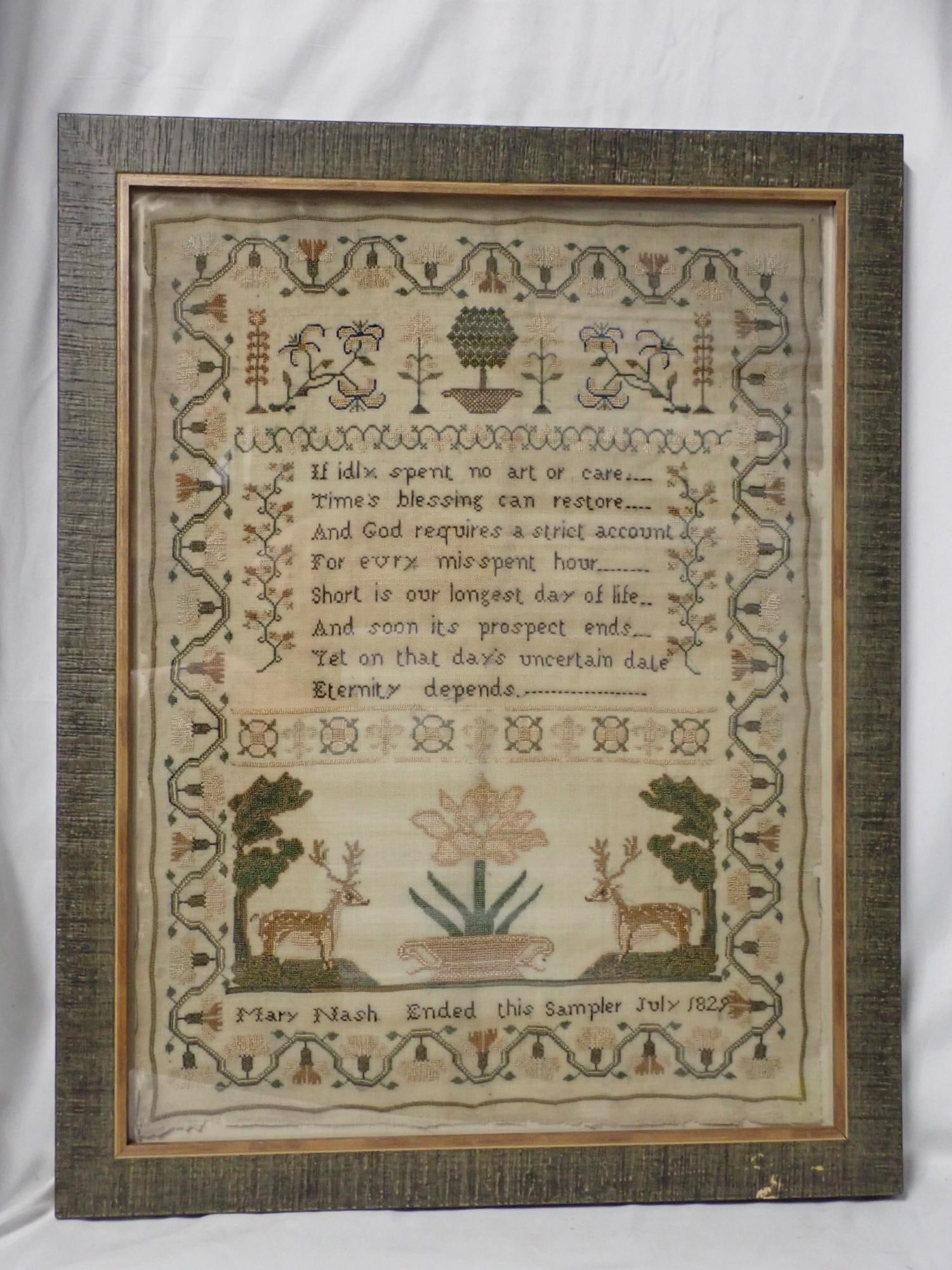 1829 Mary Nash Sampler: Mary Nash Ended this Sampler July 1829. Religious verse in middle motif is flora and fauna. Some fabric loss minor staining Frame 20 1/2" x 16" Sampler 17" x 13"