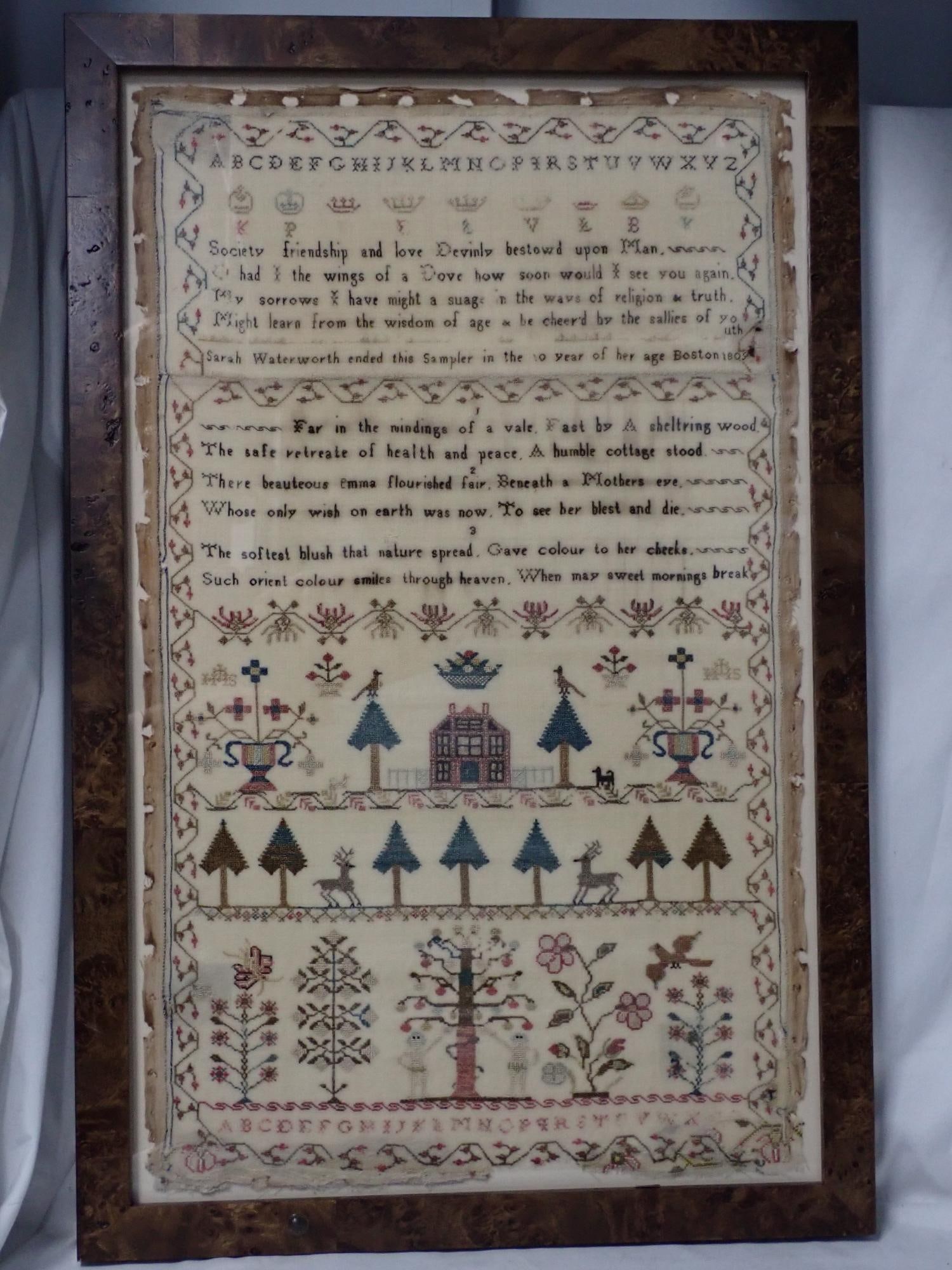 1809 Sarah Waterworth Sampler: Sarah Waterworth ended this Sampler in the 10 year of her age Boston 1809. Alphabet, crowns with markings under, motif house birds, trees bright colors. some fraying the edges two nice verses in the c