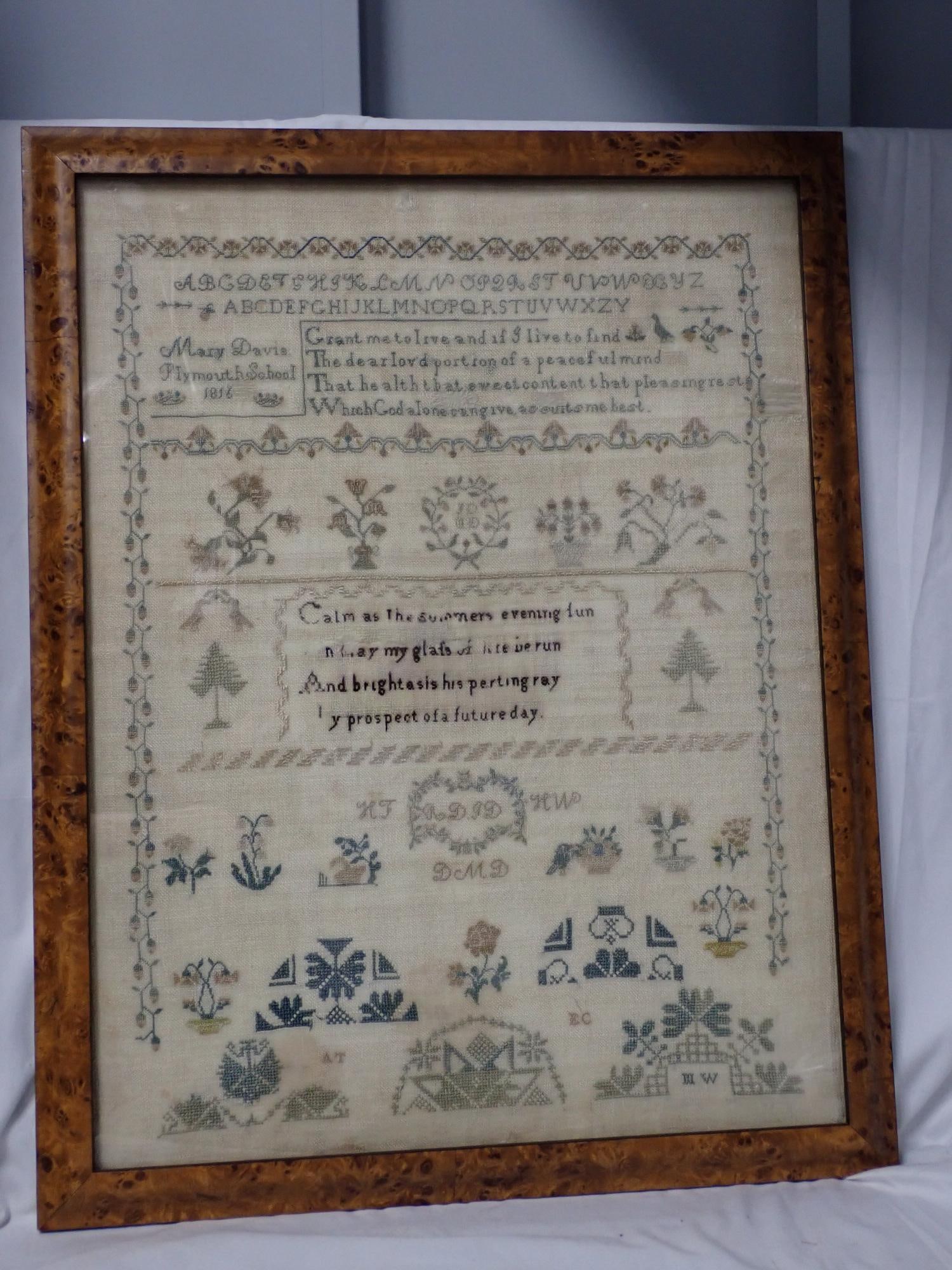 1816 Mary Davis Sampler: Mary Davis Plymouth School 1816 Alphabet, verse, floral and geometrical designs. Fabric loss and discoloration. Frame 24" x 19" Sampler 21 1/2" x 16 1/4"