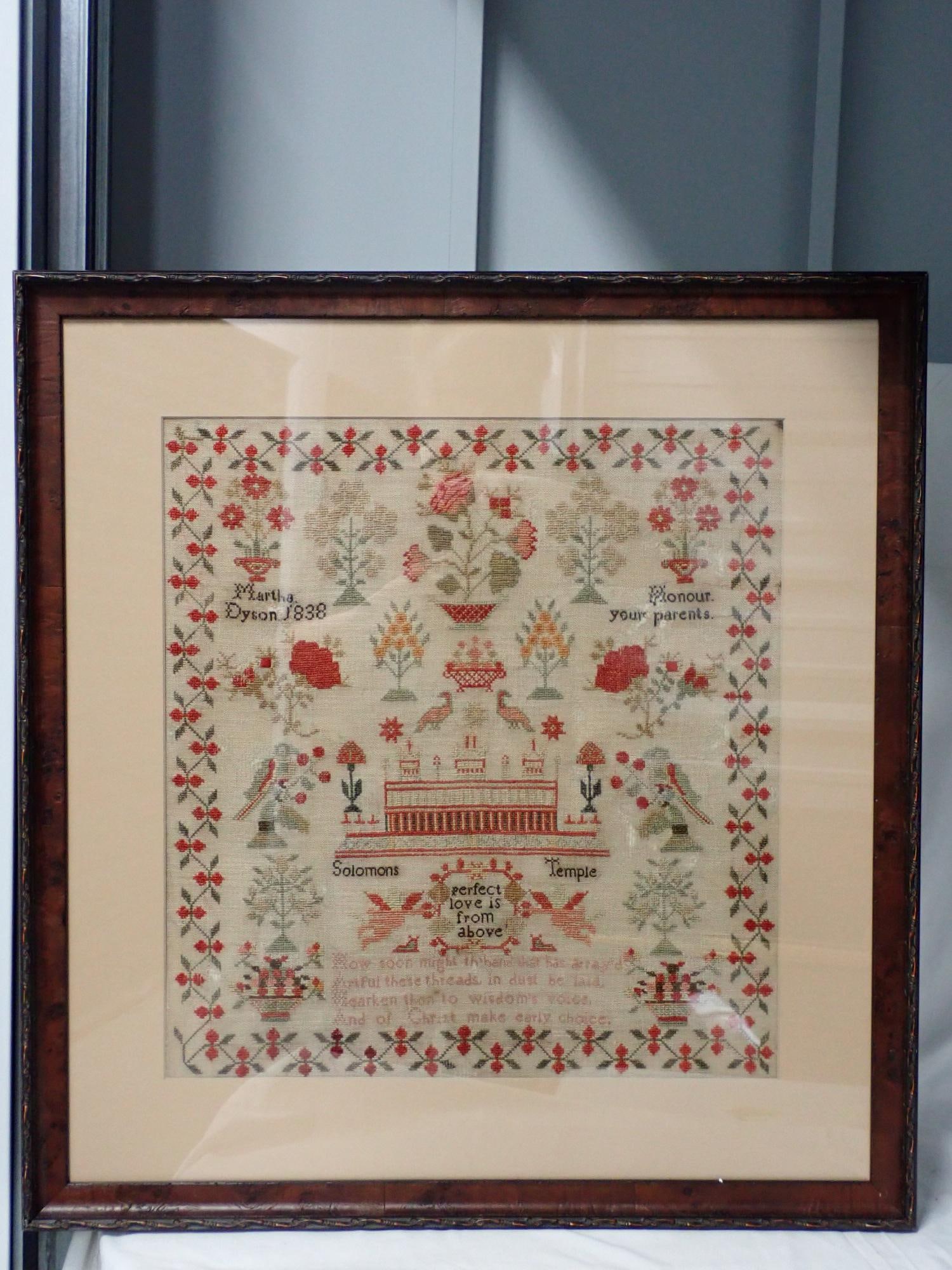 1838 Martha Dyson Sampler: Martha Dyson 1838 Sampler Honor your parents. Depicting Solomon Temple, religious verse at bottom. Flowers, birds floral and vine border. fabric loss, discoloration. Frame 25 1/2" x 24." Sampler 17 3/