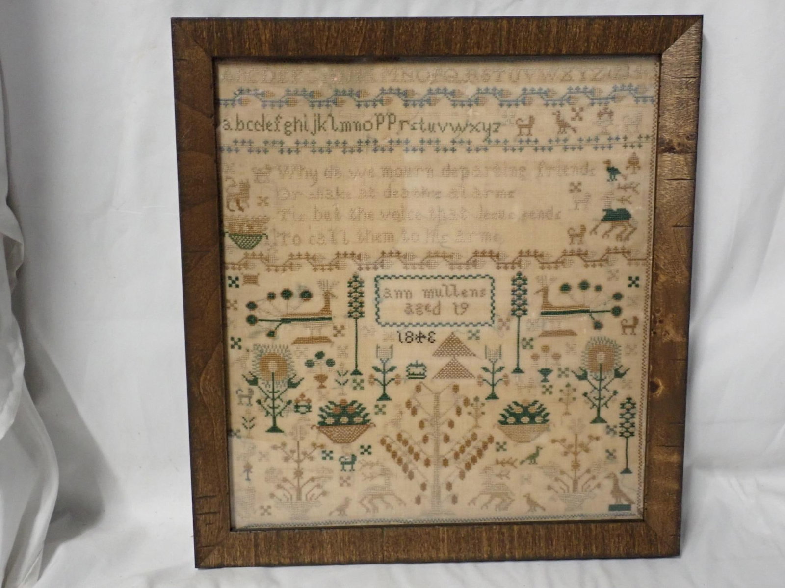1843 Ann Mullen Sampler: Ann Mullens aged 19 1843 Alphabet , animals flowers, birds peacock. Some fabric loss and fading. Frame 14" x 12 3/4" x 12" x 10 3/4"