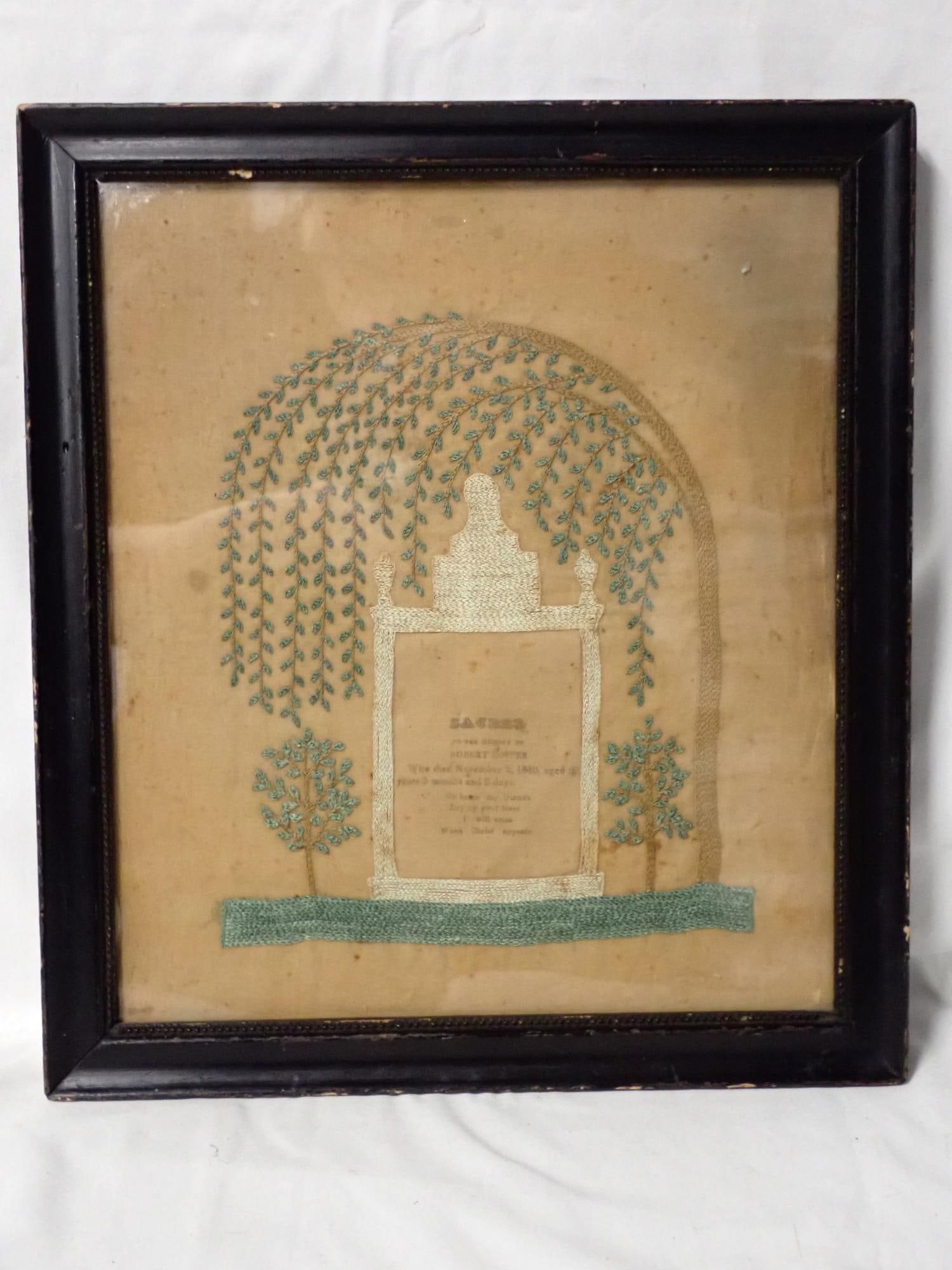 1840 Funerary Robert Hopper Sampler: Robert Hopper Funeral Sampler bright blue, foliage on trees. Center ???? To the Memory of Robert Hopper Who died November 2, 1840 aged ?? years 3 months and 2 days illegible Frame 13" x 11 1/2"