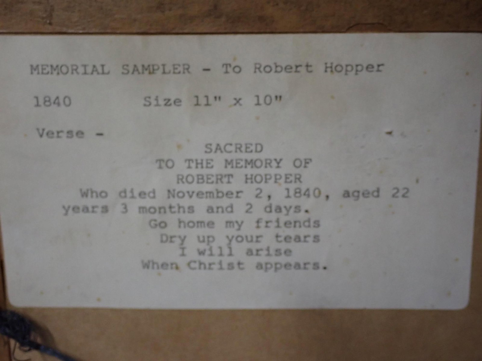 1840 Funerary Robert Hopper Sampler - 4