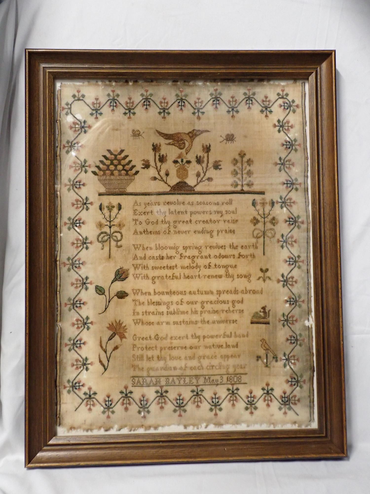 1808 Sarah Bayler Sampler: Sarah Bayler May 3 1808 Religious verse with floral and vine border Depicting birds, flowers and squirrel. Fabric loss and staining Frame 20 1/2" x 15 3/4" Sampler 18" x 13"