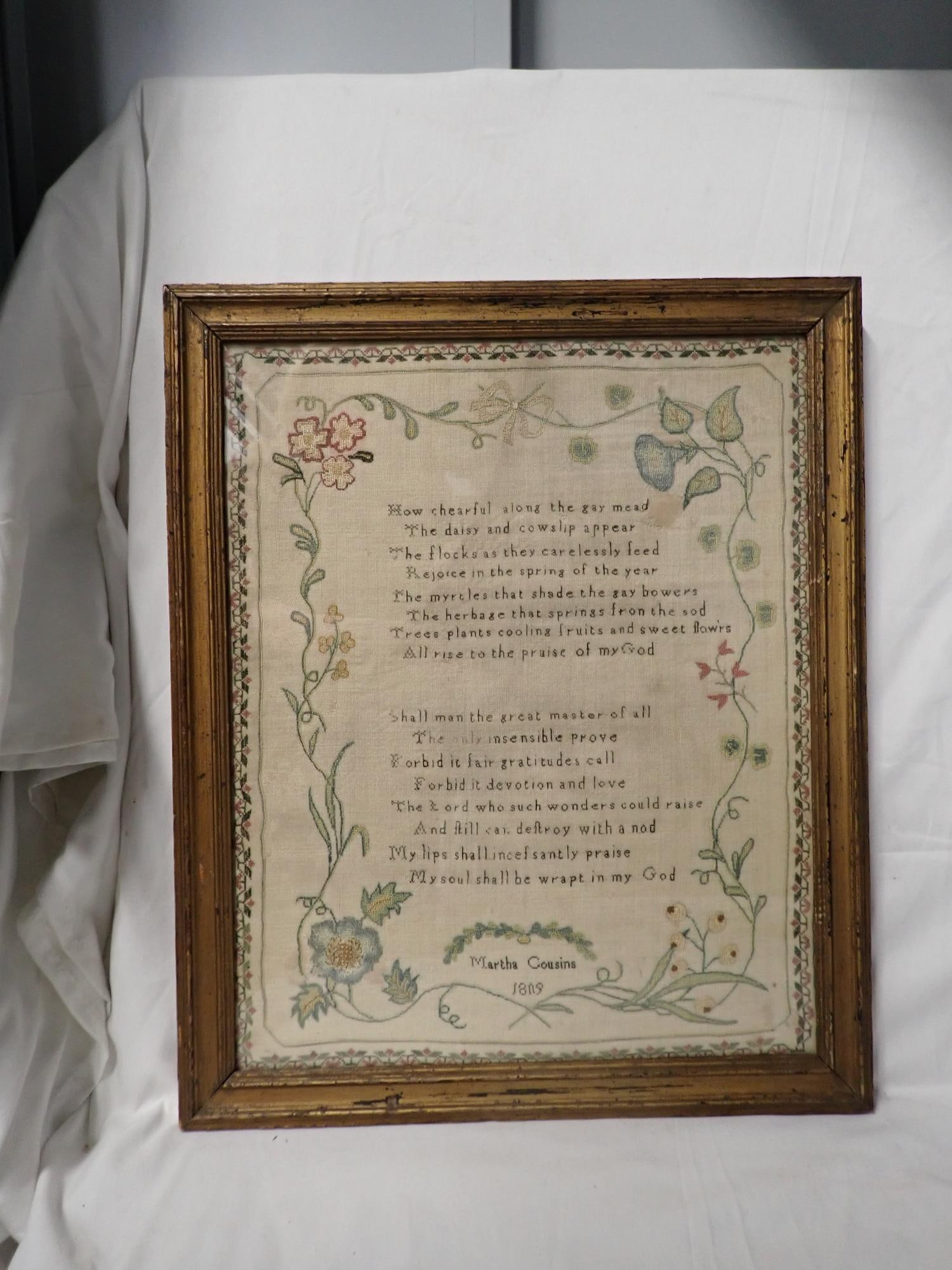 1809 Martha Cousins sampler: Martha Cousins 1809. Religious verse in center. Vine and floral border. Some thread and fabric loss. Frame 18 3/4" x 15 1/2" Sampler 16 1/4" x 13"