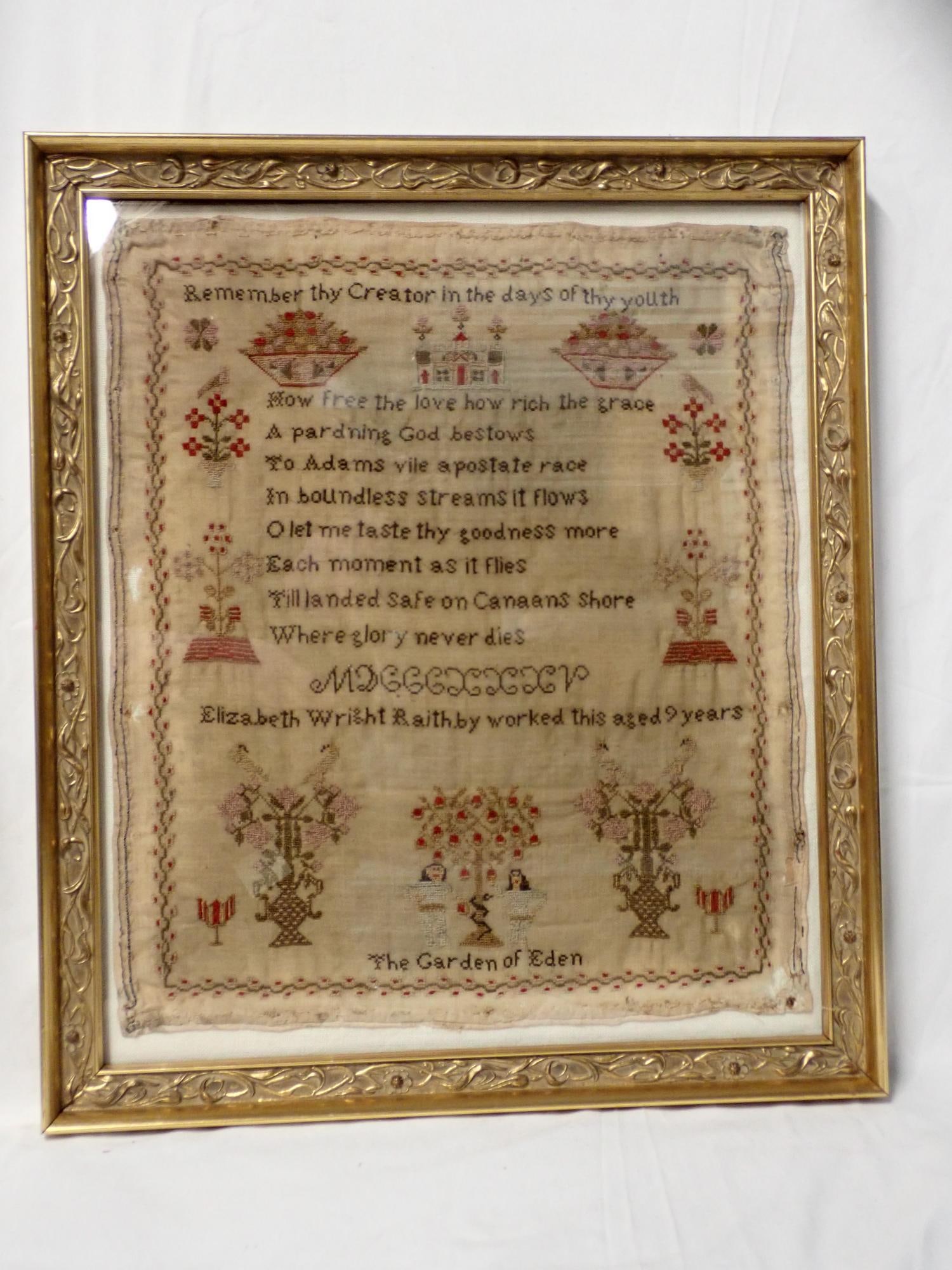 MDCCCXXXV (1835) Elizabeth Wright Raitthby Sampler: MDCCCXXXV Elizabeth Wright Raithny worked this aged 9 years. Religious verse top and center. Floral motif. Vine and floral border. Some fabric loss , discoloration and staining. Frame 18" x 15 1/2" Sa