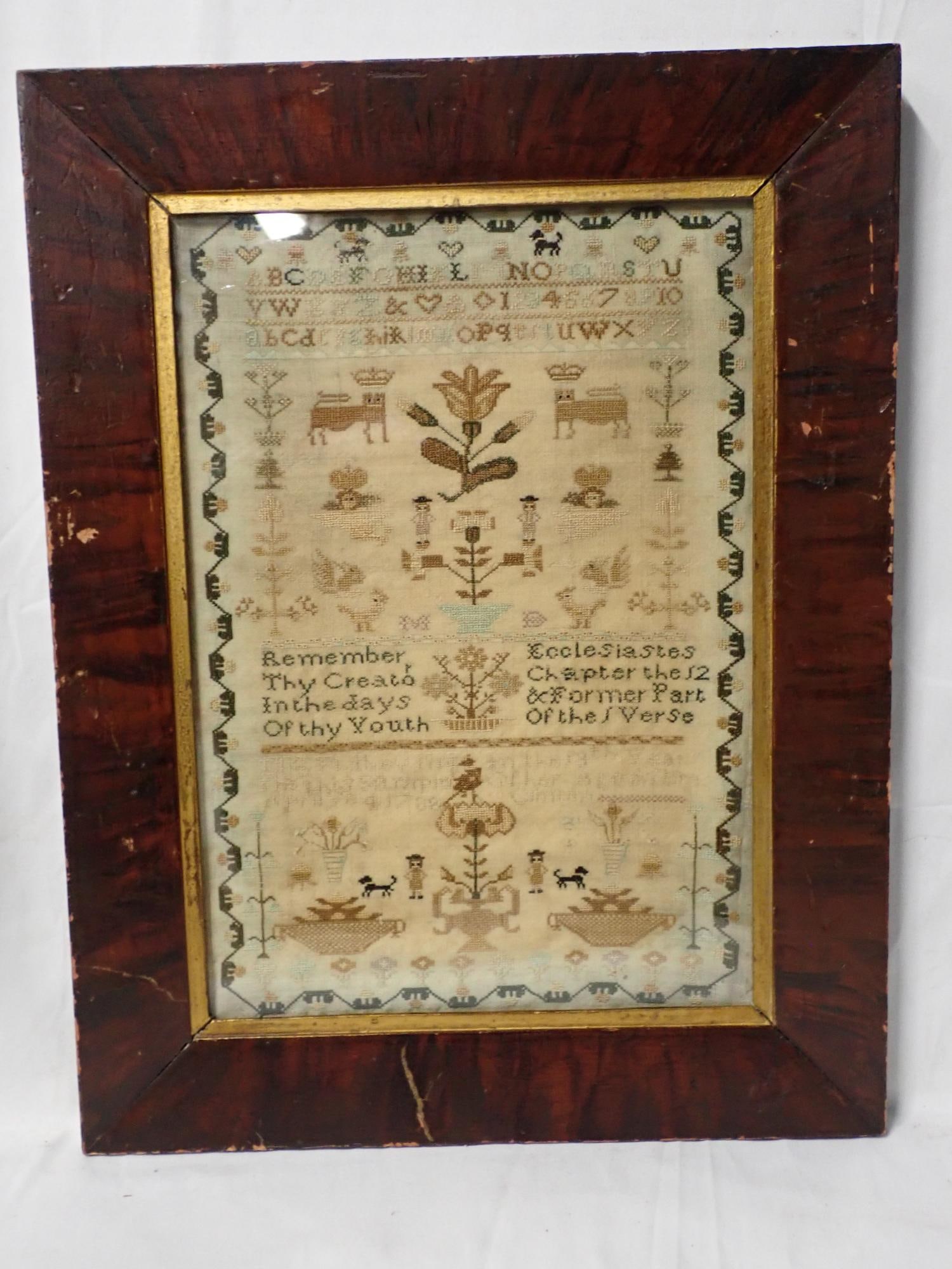 1788 Elizabeth Philbey Sampler: Wrought by Elizabeth Philbey in her 13th year of age.Religious verse in center Alphabet and numbers. Motif animals flowers, people, baskets. Vine and floral border. Fading of thread and fabric