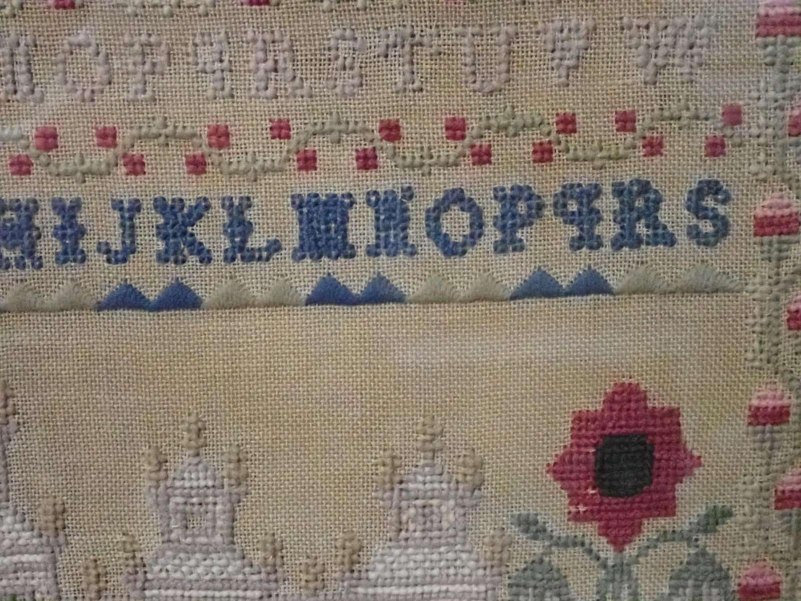 1846 Margaret Sewell Sampler: Work.d by Margaret Sewell. in the year of our Lord 1846 Aged 13 years. Alphabet A View of Solomon's Temple Short verse at bottom. Motif Solomon's temple, bright red flowers and fine and floral