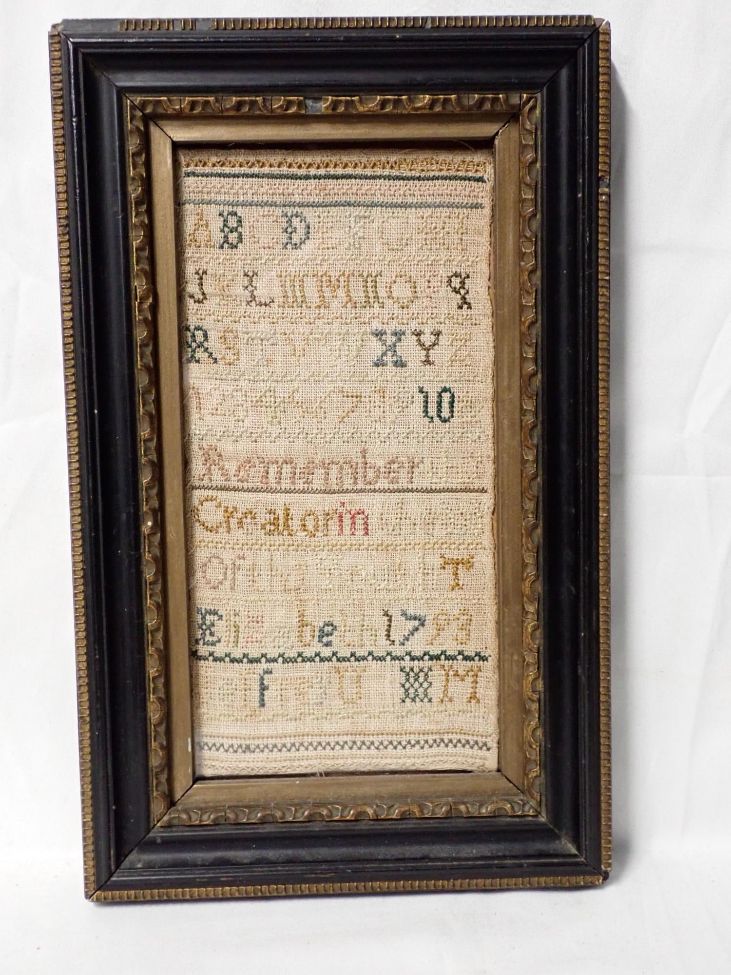 1793 Elizabeth Sampler: Elizabeth 1793 alphabet and numbers, Short verse in center (illegible). Some thread discoloration. Frame 11" x 7" sampler 8" x 4"