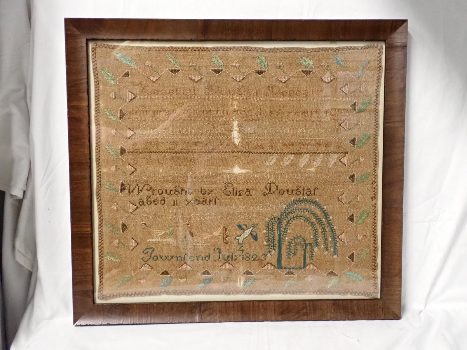 1823 Eliza Douglas Sampler: Wrought by Eliza Douglas Townsend July 1823. Information regarding death of someone 33 years 1812 (?) and Eilsabeth Douglas aged 40 Alphabet, feathers birds and tree. Fabric loss, fabric fading.
