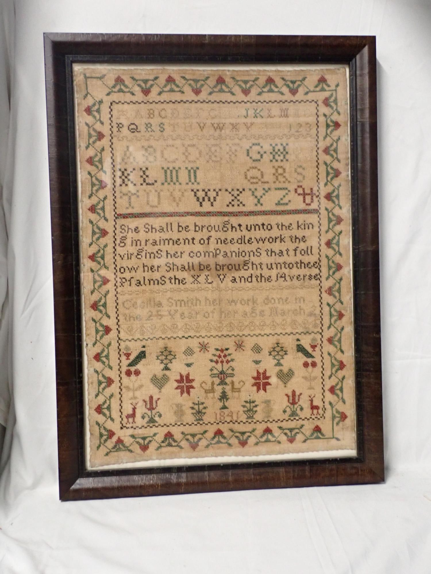 1841 Cecilla Smith Sampler: Cecilla Smith her work done the 25 year of hr age March 2 Verse at top Motif urns animals flowers Vine and flower border. Fabric discoloration and some fading of thread. Frame 21" x 15" sampler 18" x
