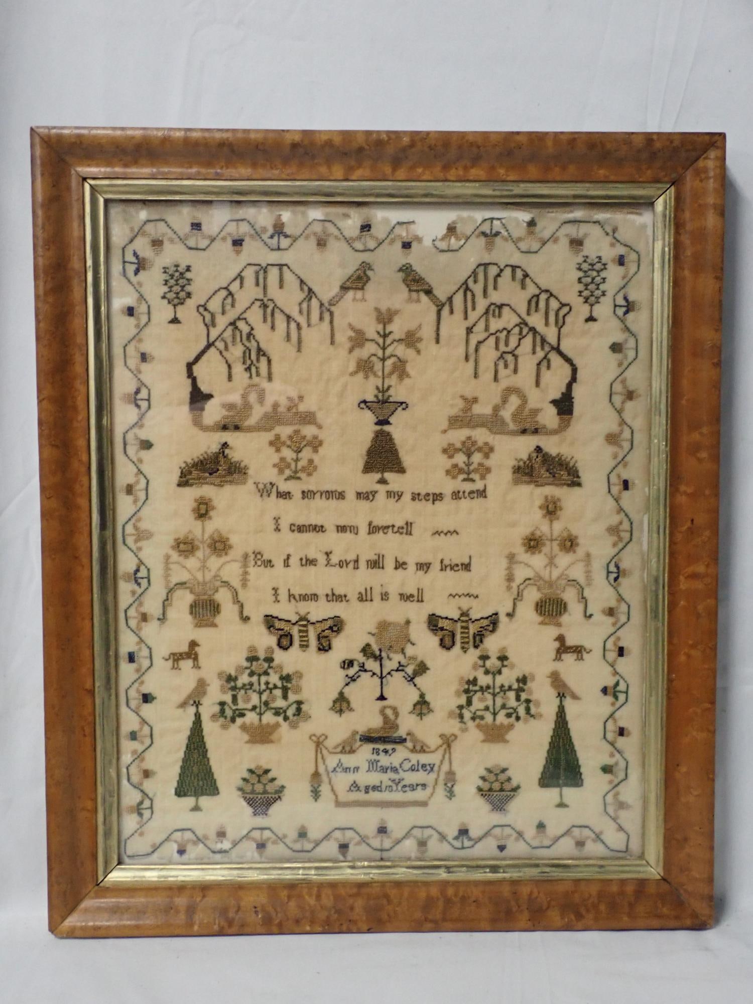 1849 Ann Marie Coley Sampler: 1849 Ann Marie Coler Aged 10 Years. Religious verse in center. Motif weeping trees, birds, flowers, swans, Vine and floral border. Fabric loss and staining. Frame 18 1/4" x 15 1/4". Sampler 15" x 12"