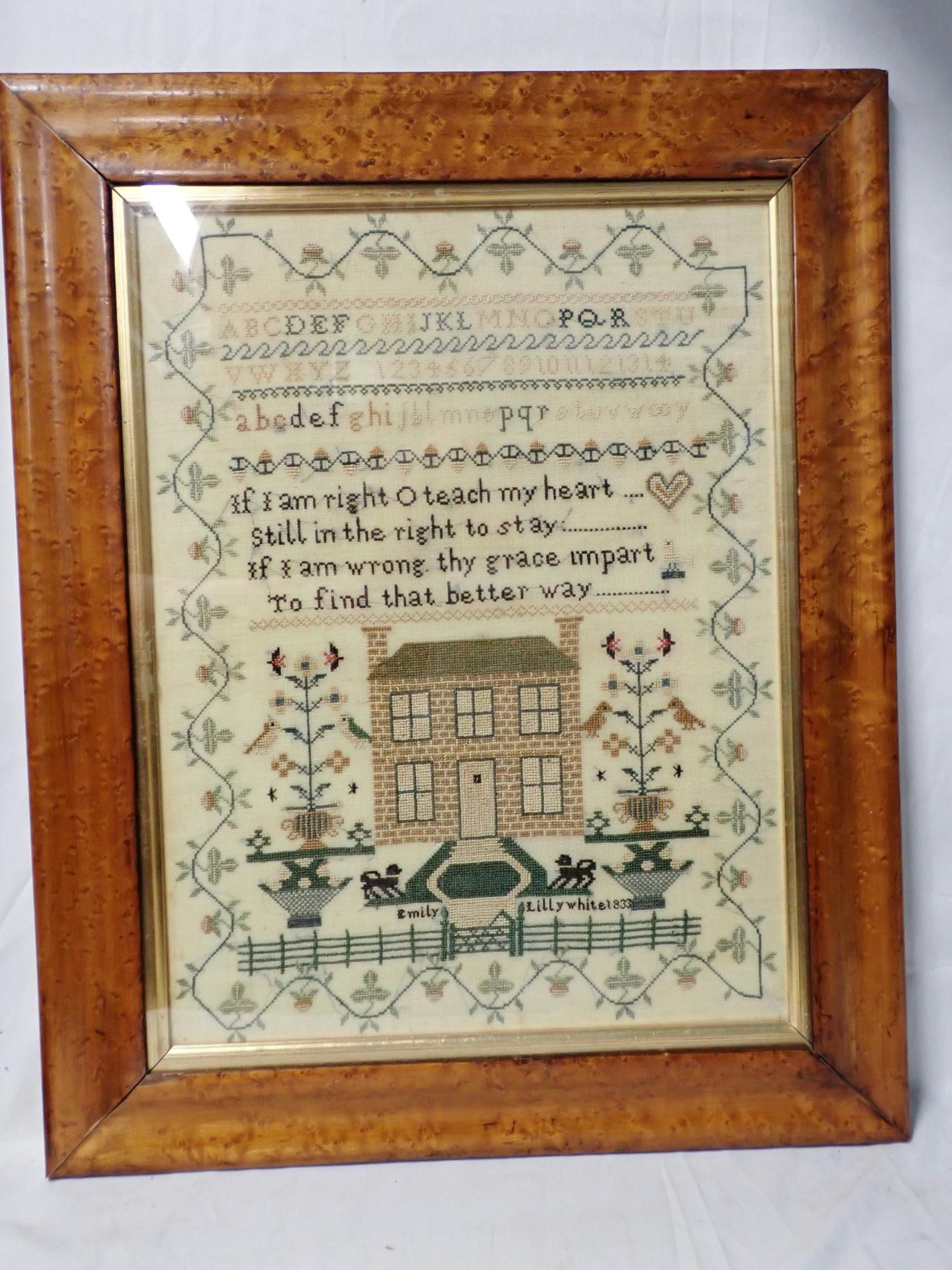 1833 Emily Lilly White Sampler: Emily Lillywhite 1833. Verse in center. House with fence, gate and walkway, birds flowers and baskets and urns.. Vine and flower border. Frame 21 1/2" x 17 1/4" Sampler 16" x 12"