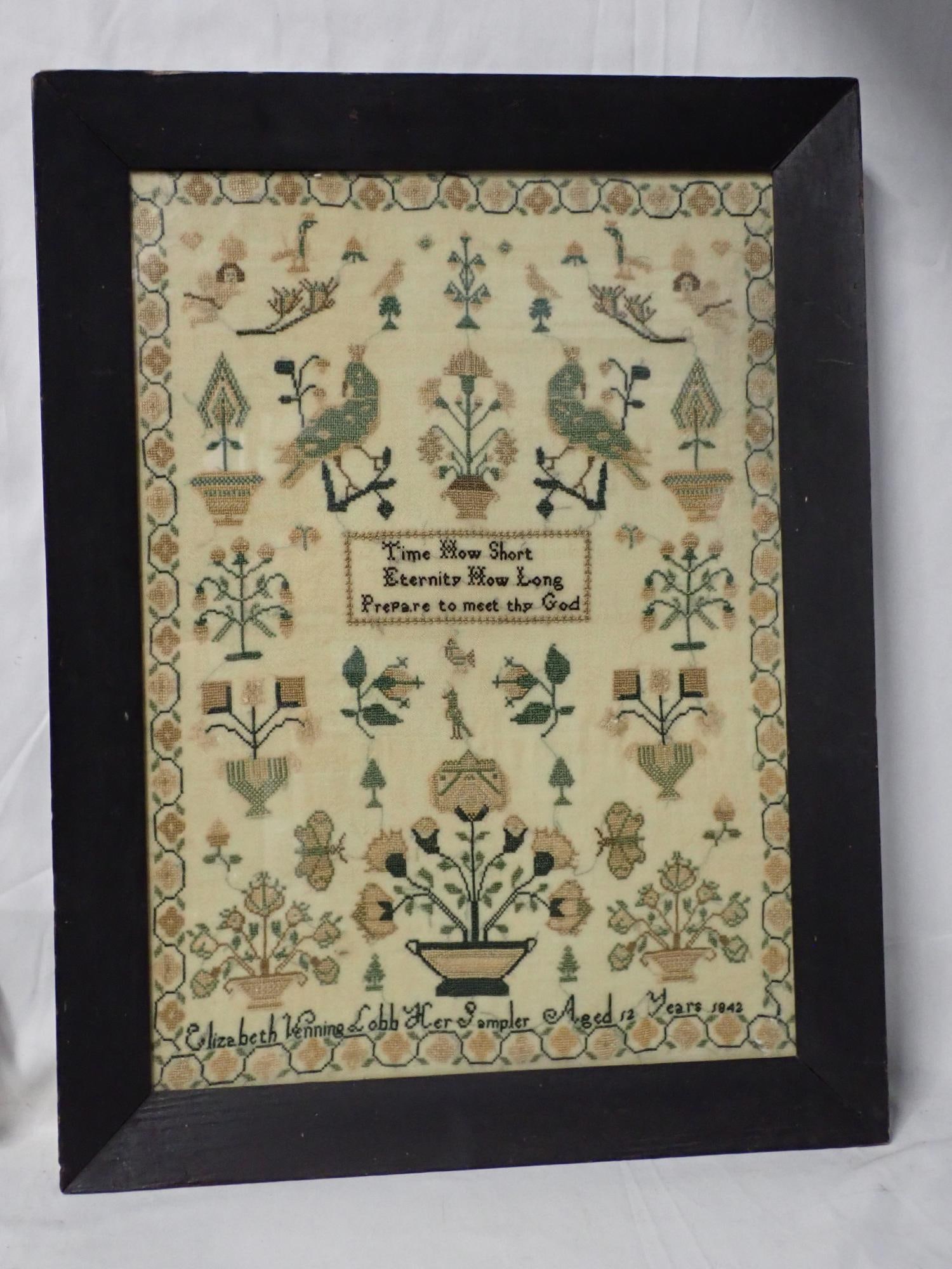 1842 Elizabeth Venning Lobb Sampler: Elizabeth Venning Lobb Her Sampler Aged 12 Years 1842. Religious verse in center Motif Birds, cherubs flowers and baskets. Vine and flower Border. Some slight staining Frame 20 1/4 x 15 1/2 Sampler 17