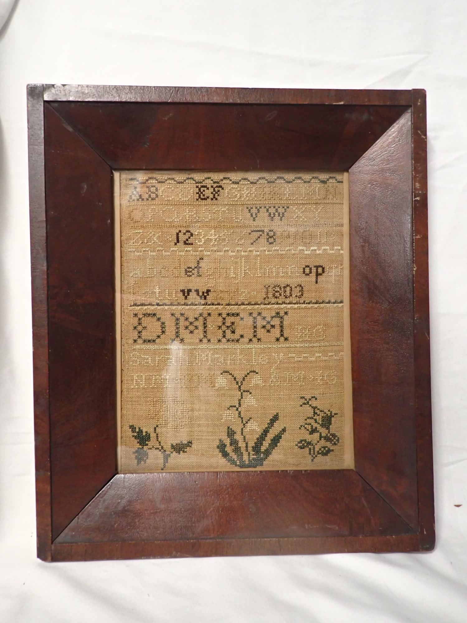 1803 Sarah Markley: Sarah Markley 1803 alphabet and numbers, flowers at bottom. Frame 15 1/2 x 13 1/4 Sampler 10 1/2 x 8
