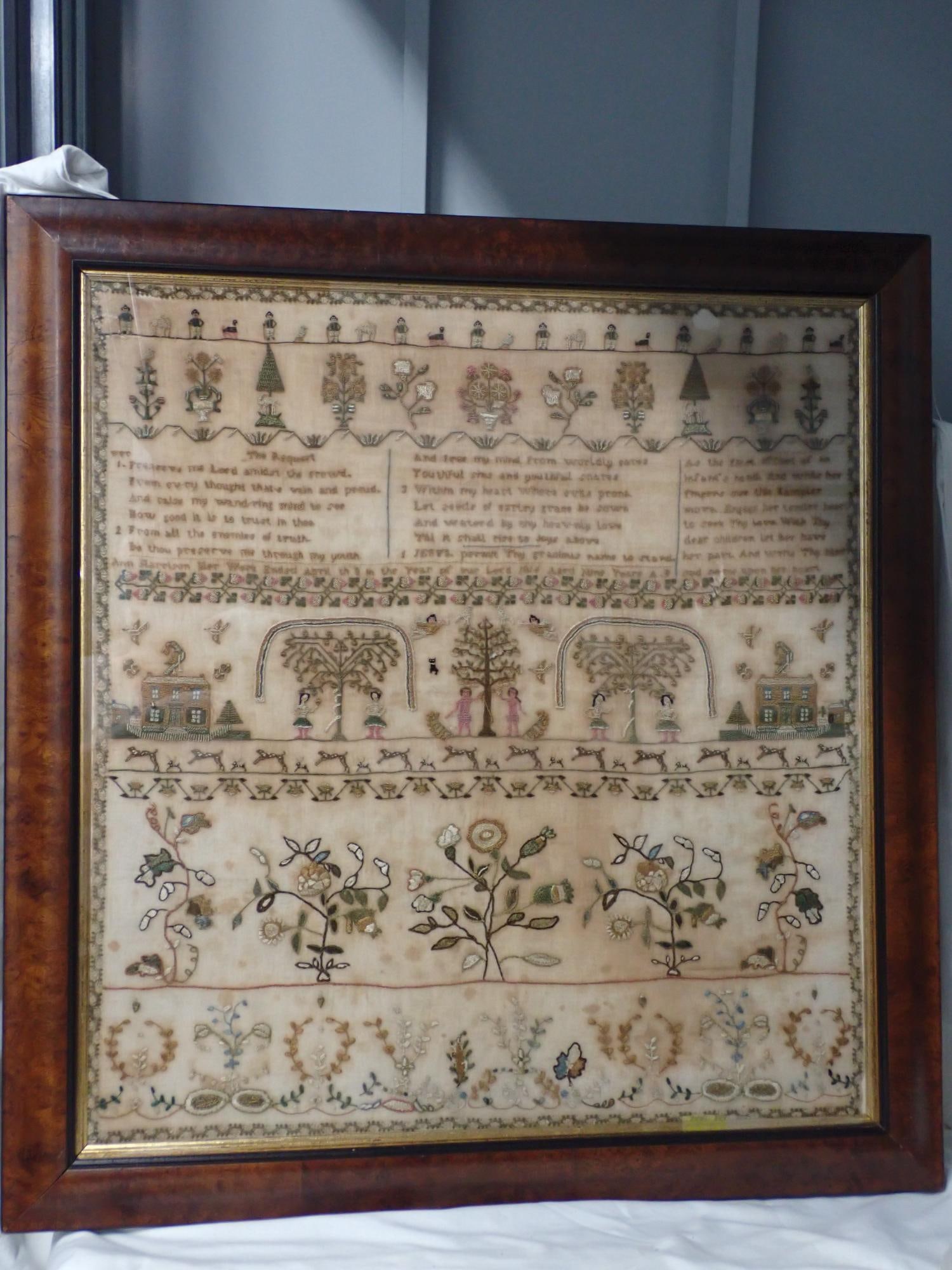 1814 paperworks looks like 1856 Ann Harrison Sampler: Ann Harrison her work ended at top April the ? in the year of our Lord 1856? Aged Nine years A/D? Numbered religious verse at top. Motif homes, Adam and Eve, cherubs, trees flowers. Border at top is