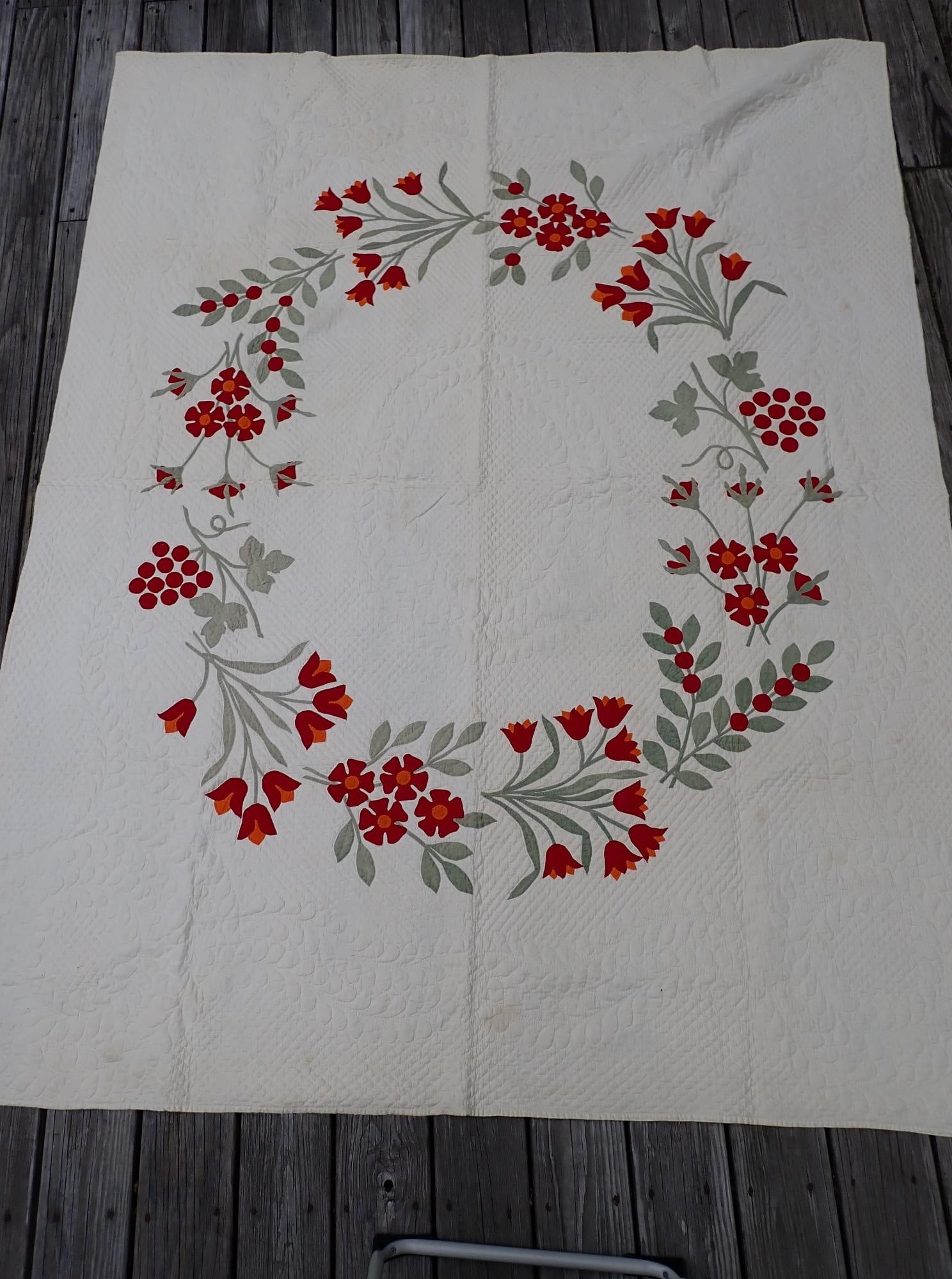 Quilt - Red Floral Wreath 1885: Appr. 82" x 66". Has some staining but overall good condition. Displays well