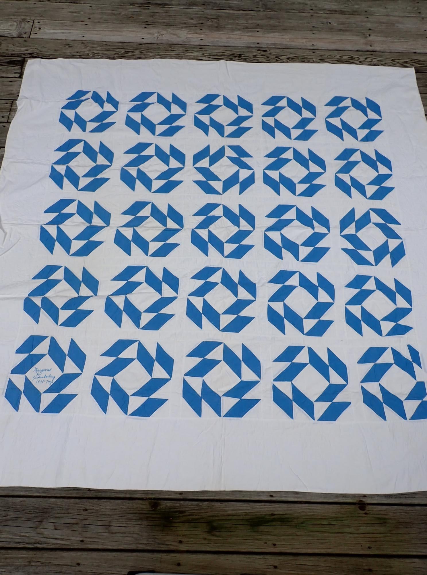 Quilt - Pineapple (Blue and White) 1938: Appr. 78" x 78". Embroidered on quilt "Margaret Gemderling 1938 - 74 year". Minor staining