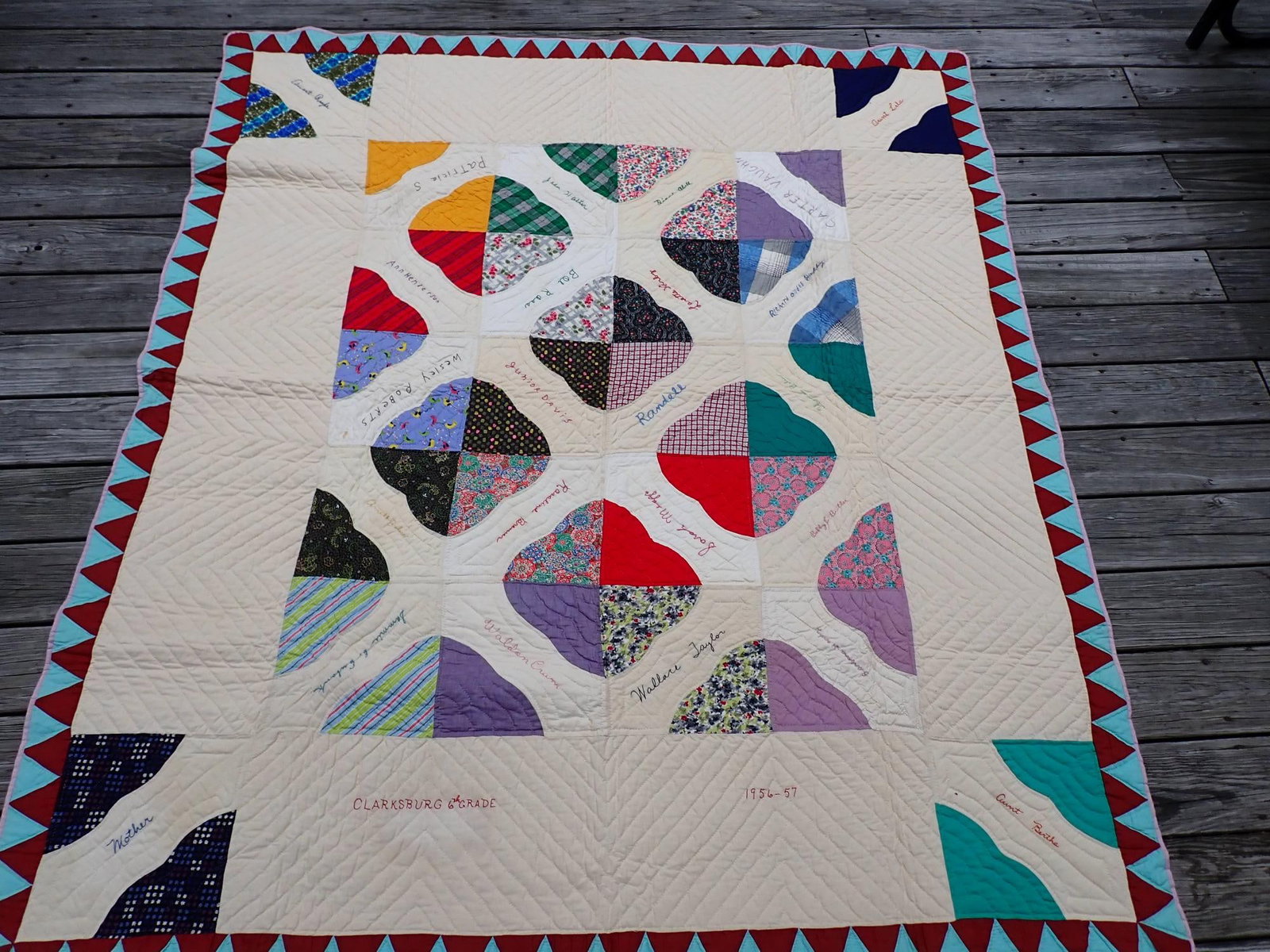 Quilt - Group Made Mosaic 1938: Appr. 77" x 67". Minor Staining but overall good condition.