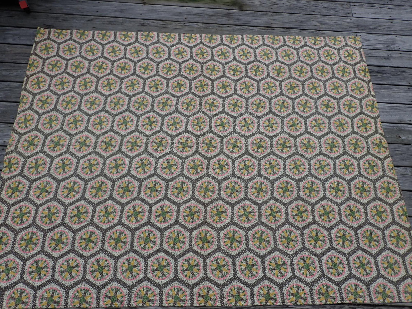 Quilt - Cheater Cloth Patchwork 1970: Appr. 85" x 65". Minor stains, but overall good. Two sided