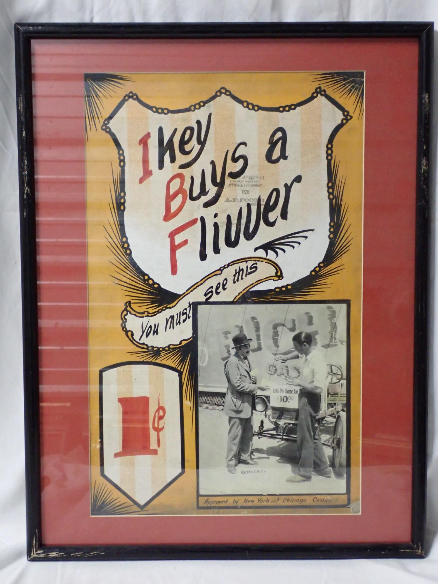 Ikey Buys a Flivver: Poster and full set of cards good condition. Frame 25" x 19". Poster 21" x 13". The consigner states that these items were acquired from the estate of the Manager of White City Amusement Park Arcade