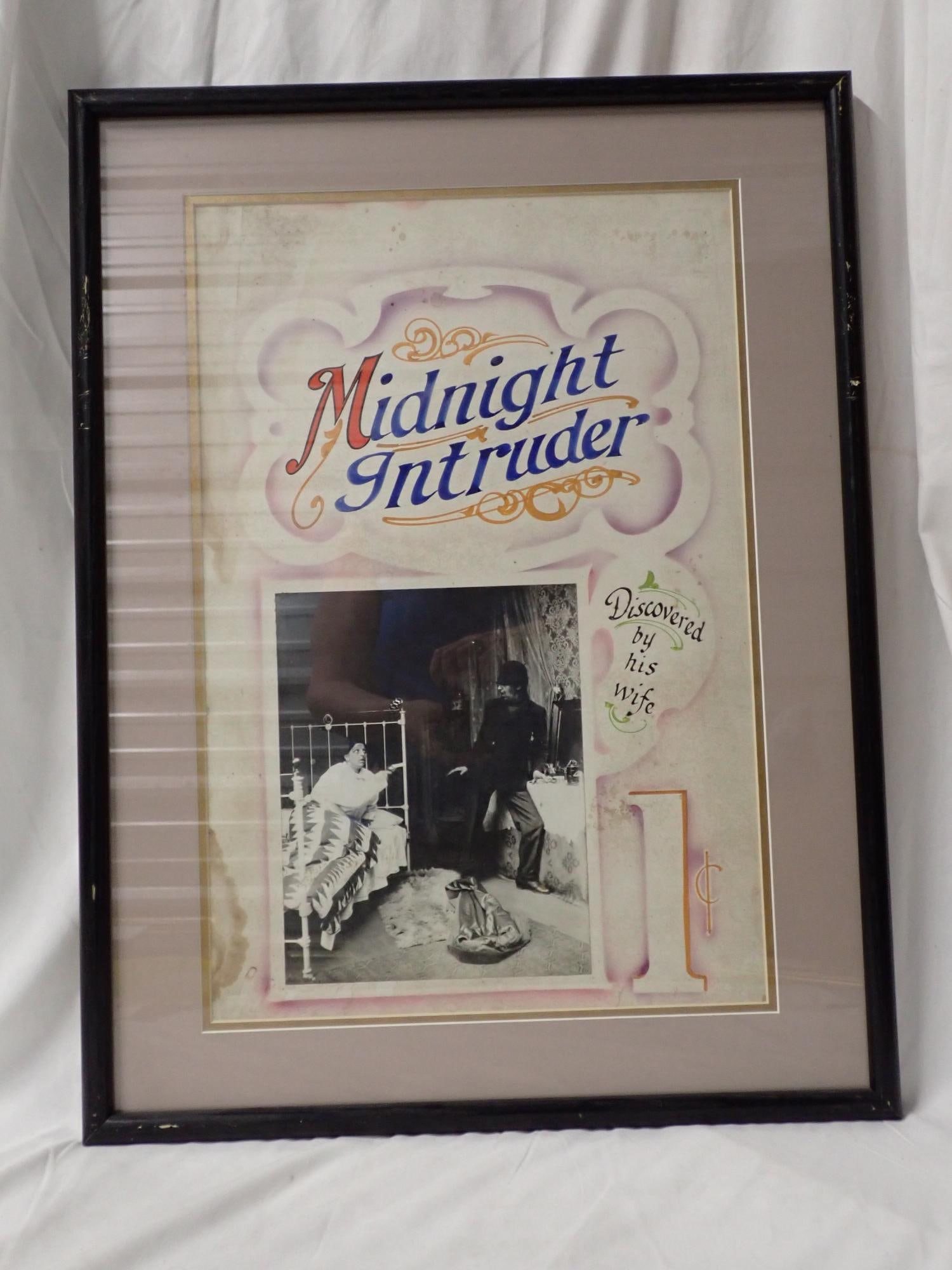 Midnight Intruder: Frame 25" x 19". Poster 20" x 13". Poster good condition. Full set cards good condition. The consigner states that these items were acquired from the estate of the Manager of White City Amusement