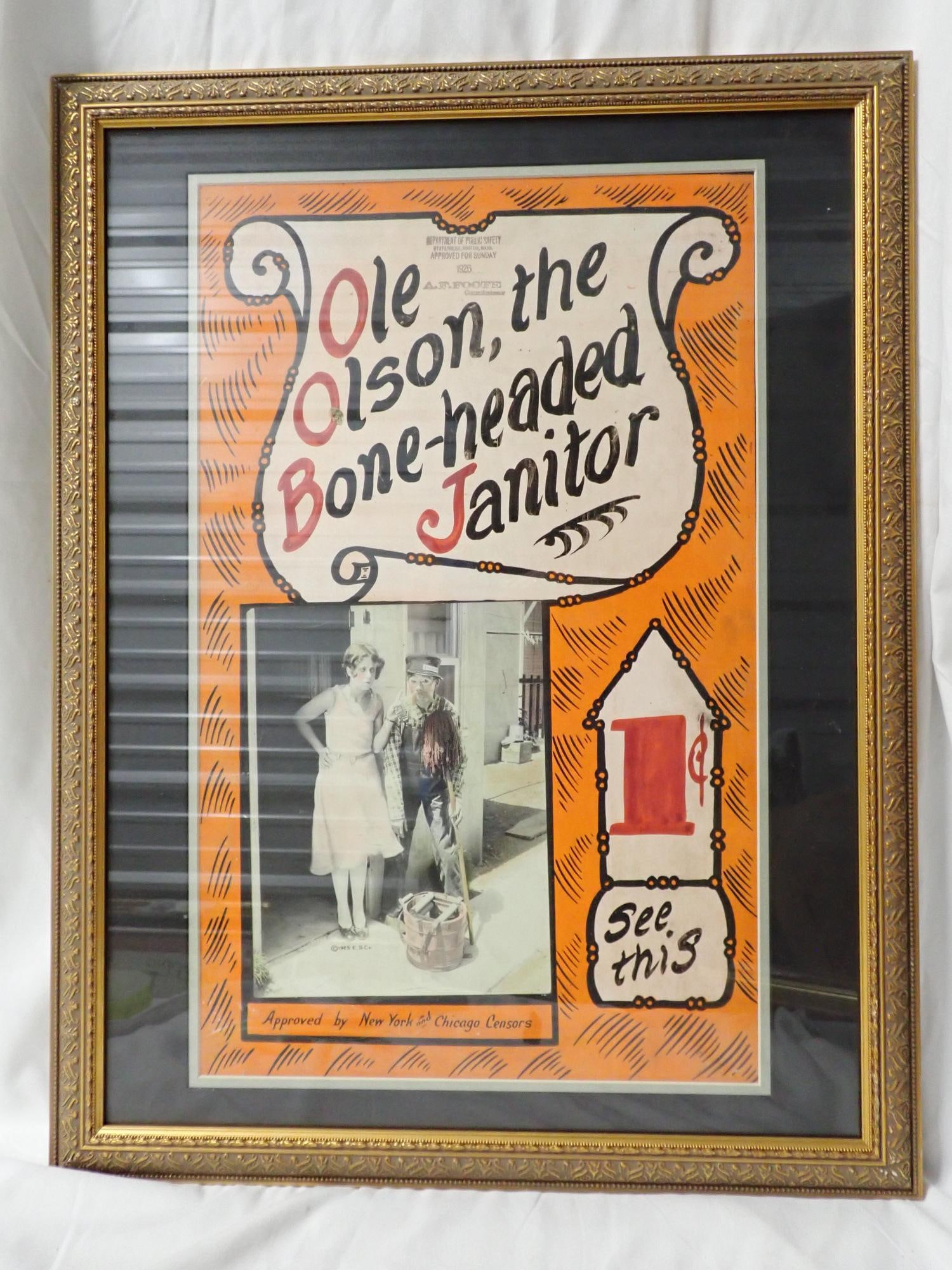 Ole Olsen, the Bone-headed Janitor: Poster good condition. Full set of cards good condition. Frame 26" x 10". Poster 21" x 13". The consigner states that these items were acquired from the estate of the Manager of White City Amusement