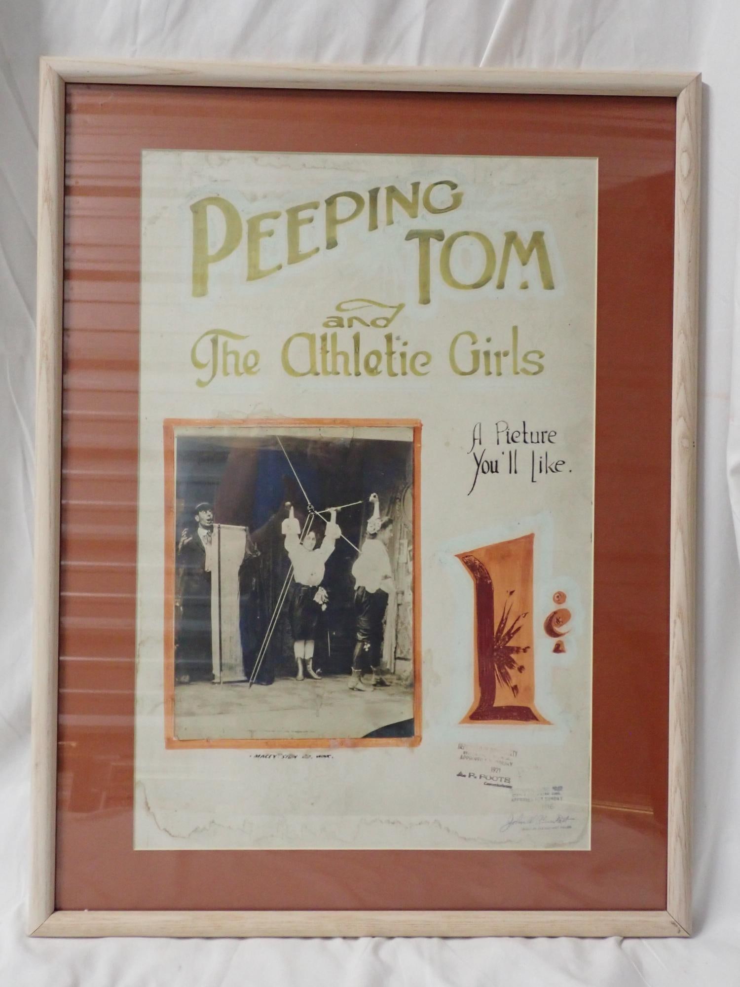Peeping Tom and the Athletic Girls: Poster some staining. Otherwise good condition. Photo in poster small missing corner on right side. Full set of cards in good condition. Frame 25" x 19". Poster 20" x 13". The consigner states that
