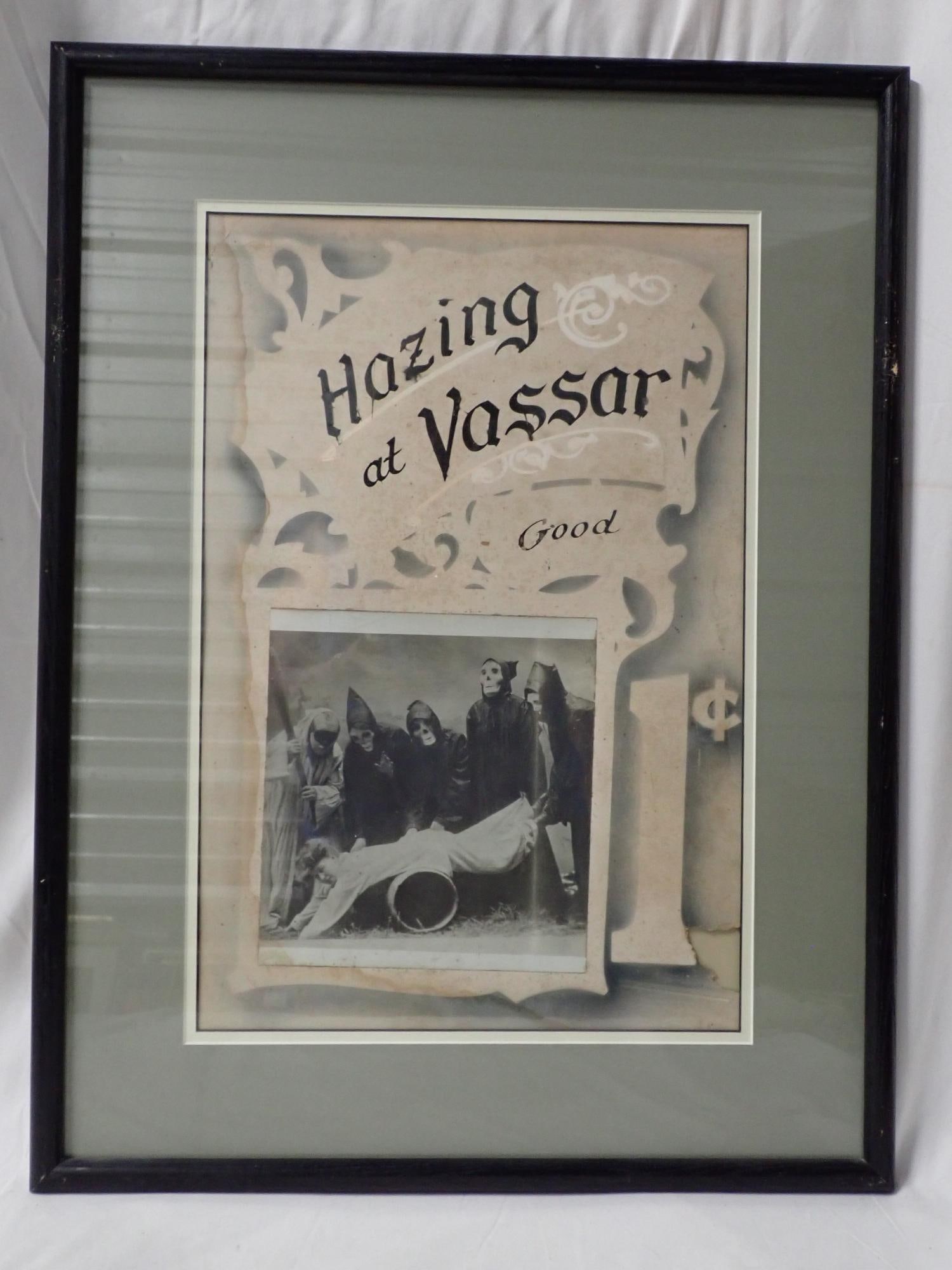 Hazing at Vassar: Poster staining paper loss bottom right corner. Cards fair condition. Full set of cards marked not approved. Frame 25"x 19". Poster 18" x 12". The consigner states that these items were acquired from