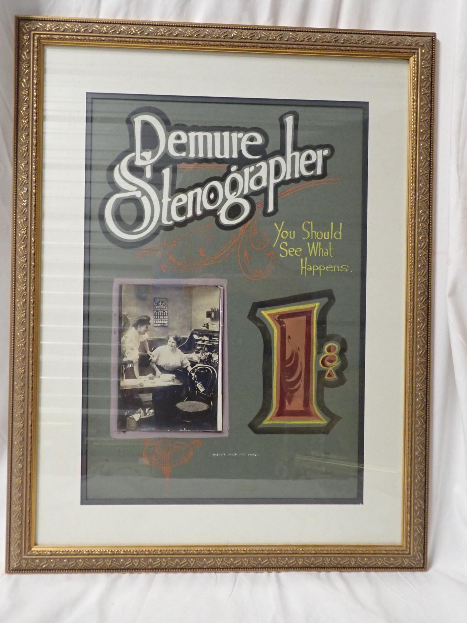 Demure Stenographer: Poster good condition. Full set of cards good condition. Frame 26" x 20". Poster 19" x 13". The consigner states that these items were acquired from the estate of the Manager of White City Amusement