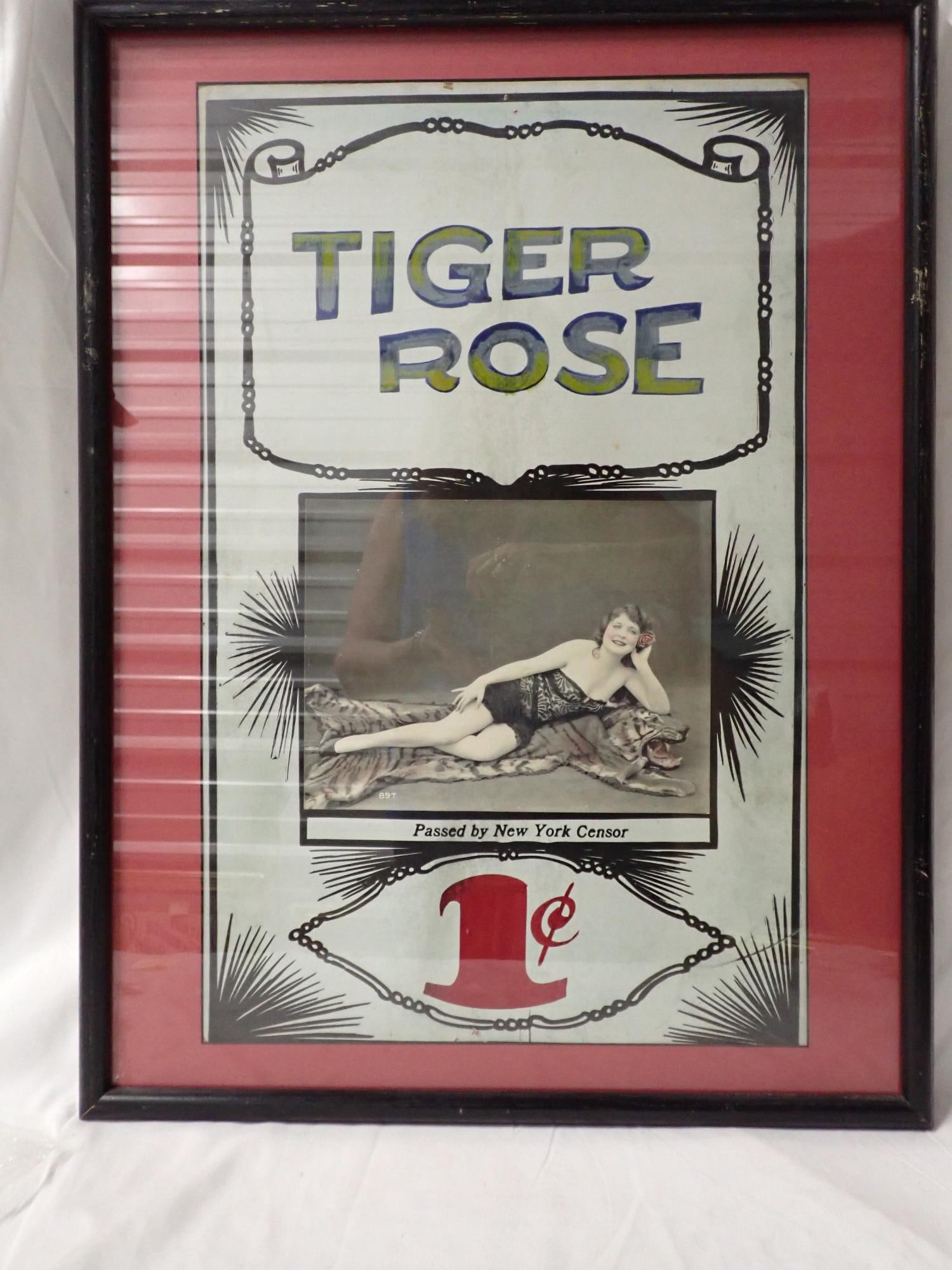 Tiger Rose: Poster good condition. Cards good condition. Frame 25" x 19". Poster 21" x 13". The consigner states that these items were acquired from the estate of the Manager of White City Amusement Park Arcade