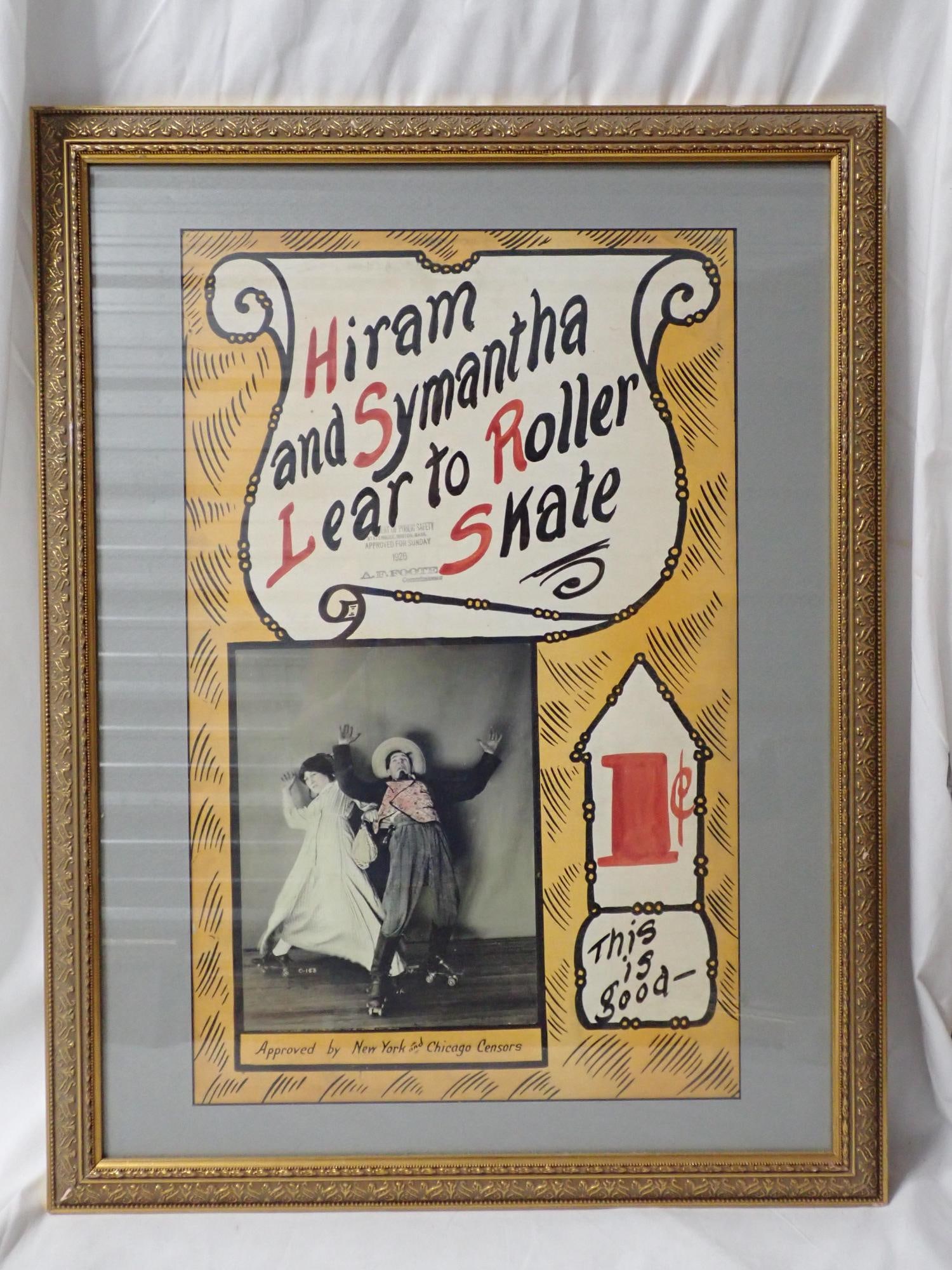 Hiram & Symantha Learn to Roller Skate: Poster good condition. Frame 27" x 20" Poster 21" x 13" Full set of cards good condition. The consigner states that these items were acquired from the estate of the Manager of White City Amusement