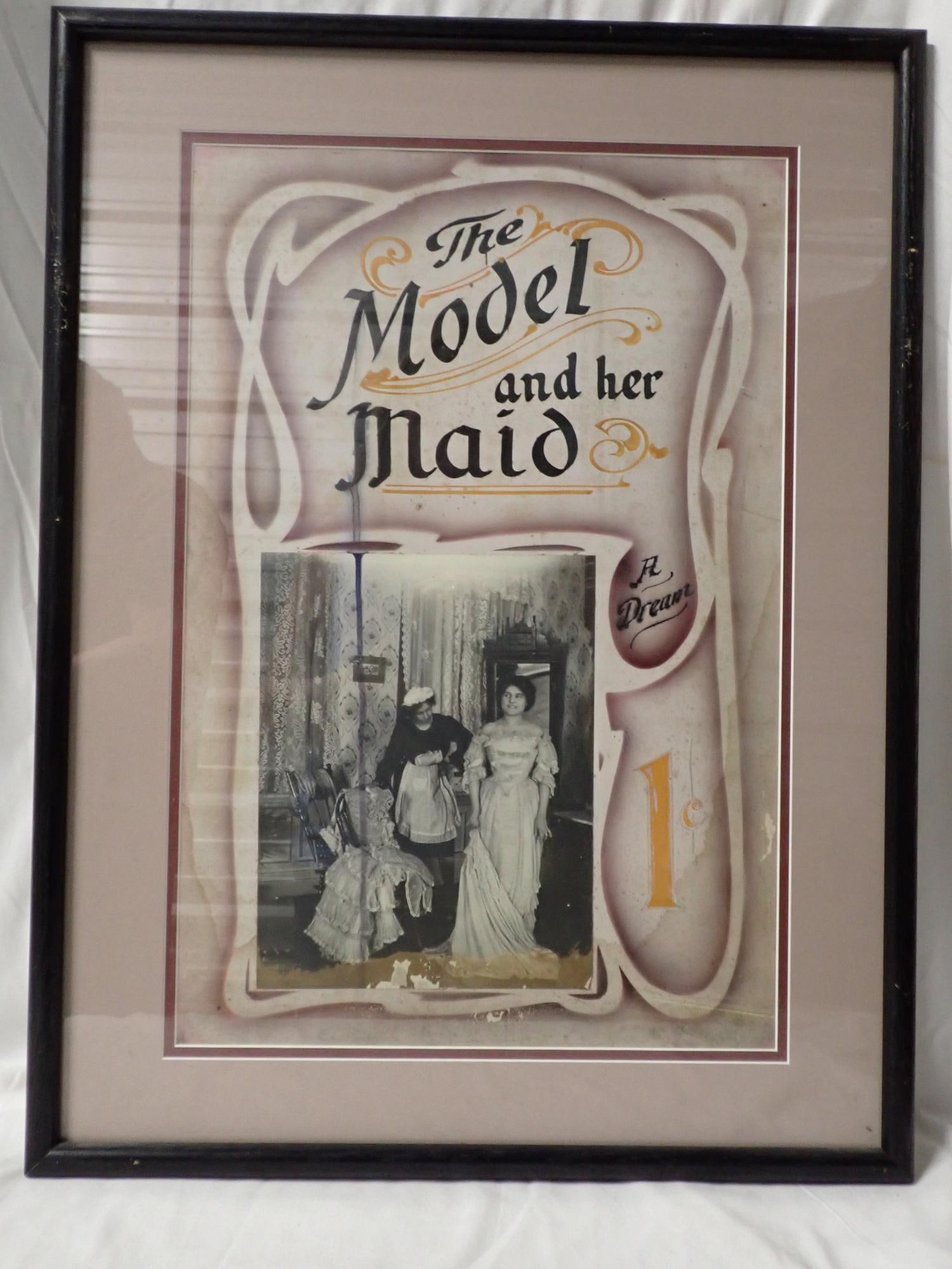 The Model and the Maid: Poster ink has bled into the photo, staining. Photo in poster has some loss on bottom. Frame 25" x 19". Poster 19" x 20". Full set of cards. All have water staining at top. The consigner states that t