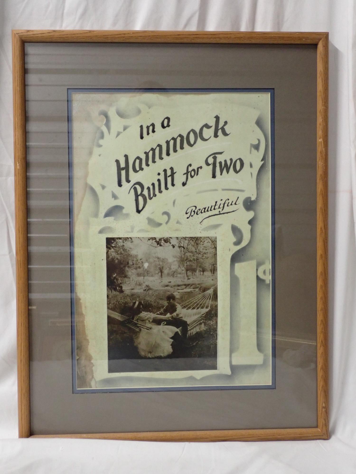 In a Hammock Built for Two: Frame 25" x 19". Poster 19" x 13". Poster has some water damage. Full set up cards Cards in good condition. Not approved. The consigner states that these items were acquired from the estate of the