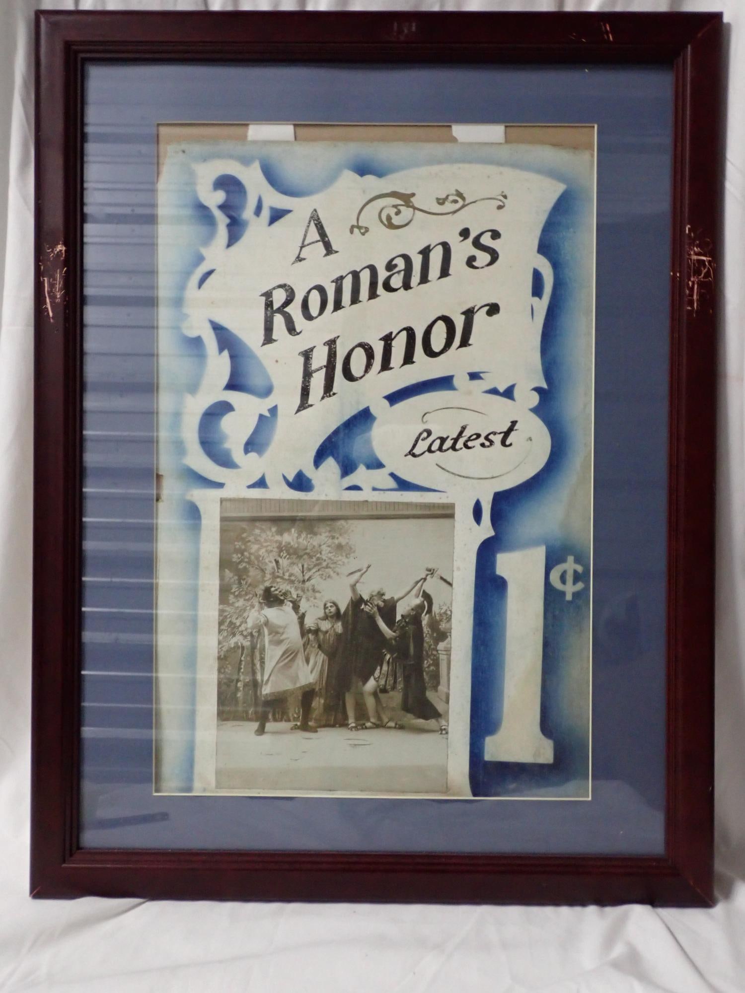 A Romans Honor: Poster slight staining and left corner paper loss, otherwise good condition. Full set of cards in good condition. Cards marked not approved. Frame 26" x 20". Poster 20" x 13". The consigner states