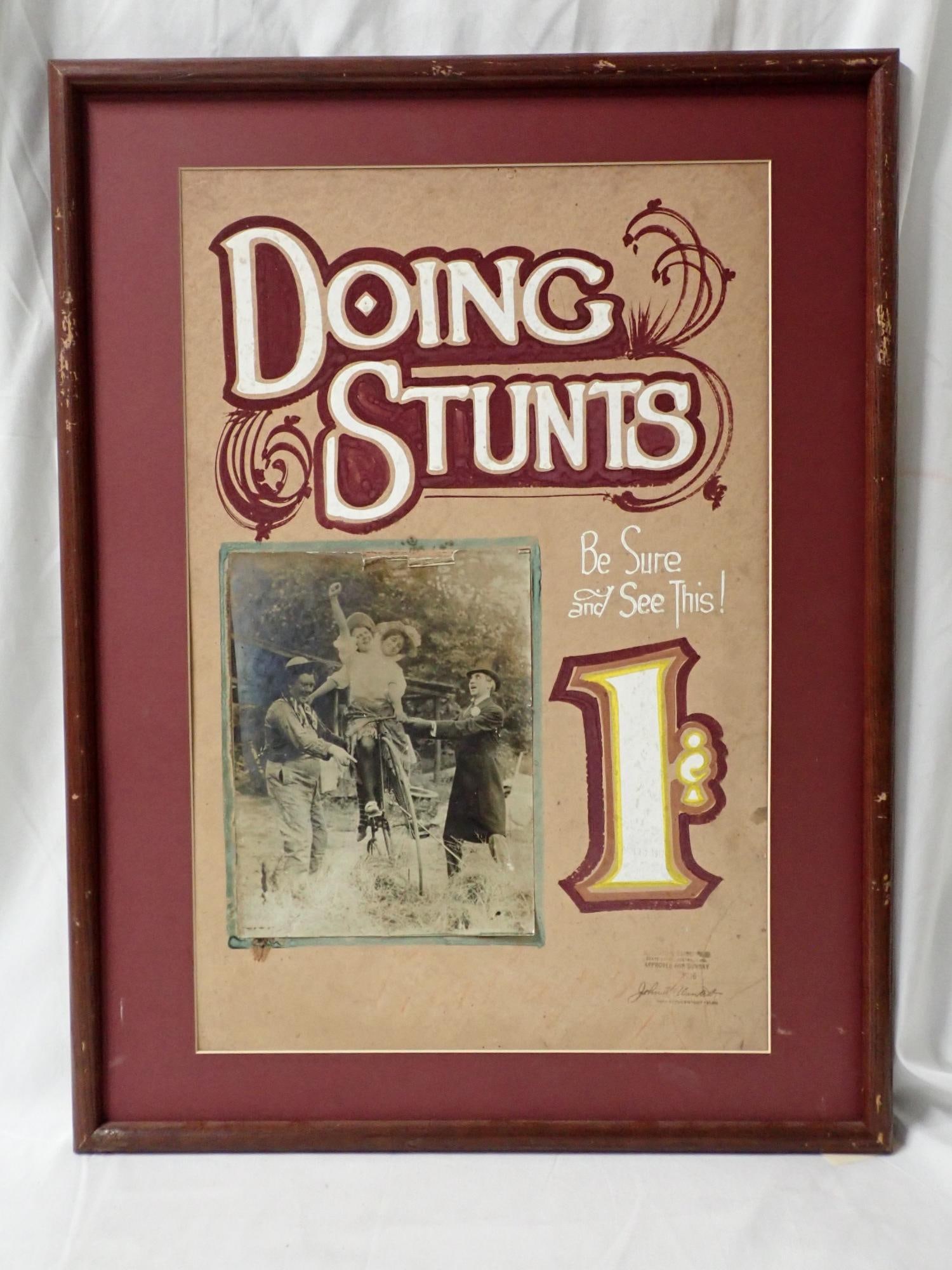Doing Stunts: Poster no glass. Good condition. Photo on poster has some slight tearing top center. Full set of cards good condition. Frame. 25" x 19". Poster 20" x 13". The consigner states that these items were