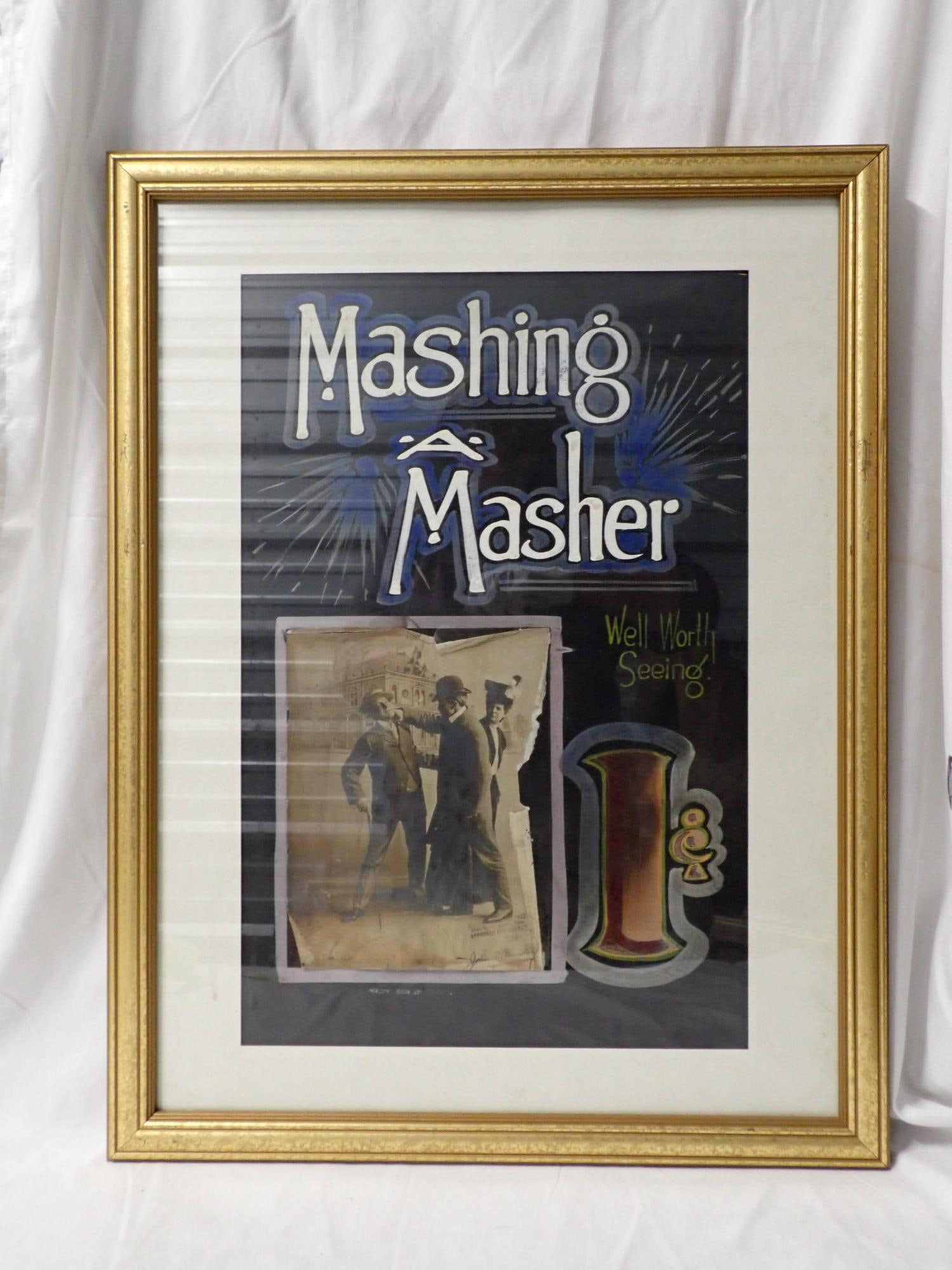 Mashing a Masher: Poster Good condition. Photo in poster torn and discolored. 13 cards in fair condition. Frame 26" x 20". Poster 20" x 13". The consigner states that these items were acquired from the estate of the