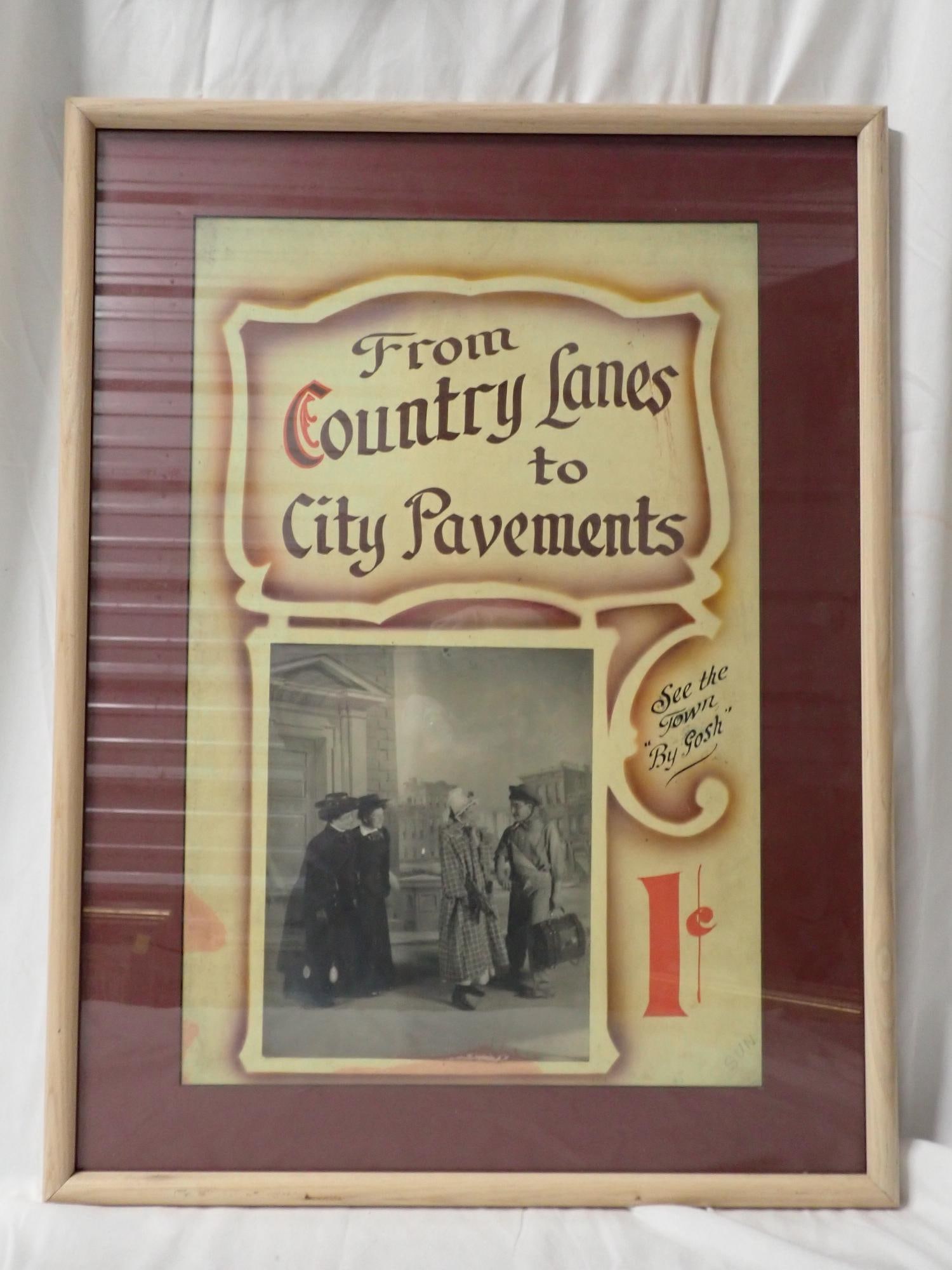 From Country Lanes to City Pavements: Poster good condition. Slight paint bleed. 13 cards fair condition. disapproved. Frame 25" x 19" Poster 19" x 13". The consigner states that these items were acquired from the estate of the Manager