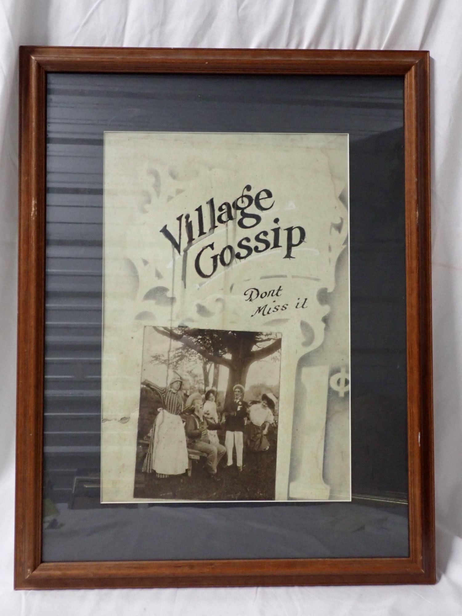 Village Gossip: Poster has some paint bleeding and staining. Small rip in photo on left side. Full set of cards Not approved. Cards fair condition. Frame 27" x 20". Poster 18" x 12". The consigner states that these