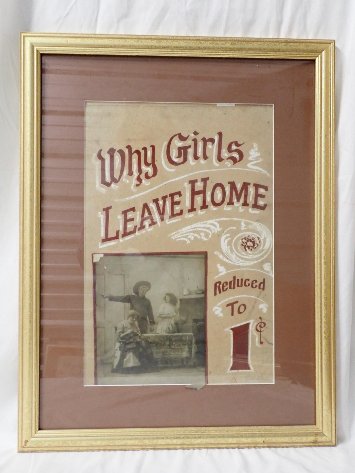 Why Girls Leave Home: Poster some staining, 7 cards good condition. Frame 26" x 20". Poster 18" x 12". The consigner states that these items were acquired from the estate of the Manager of White City Amusement Park Arcade