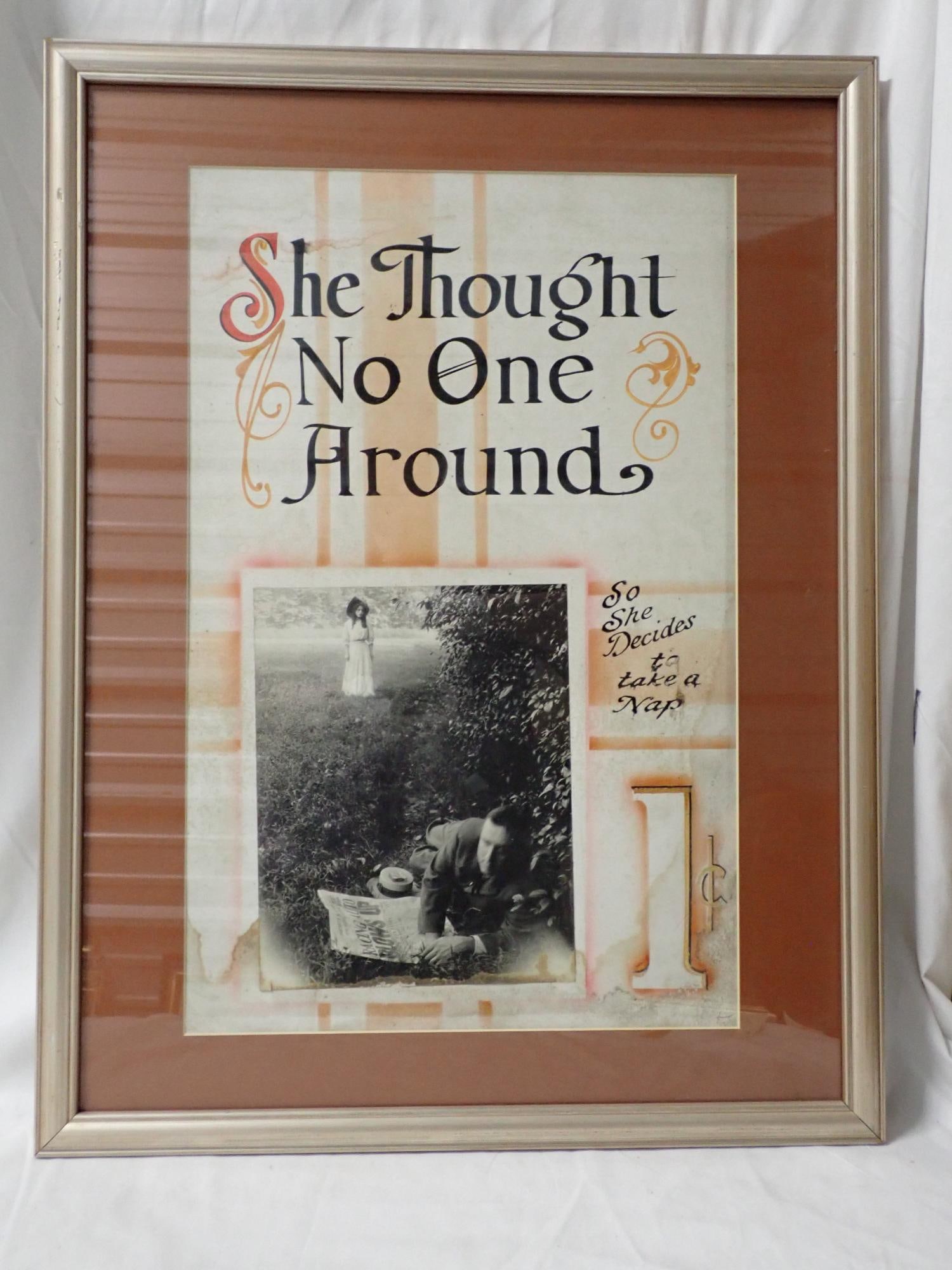 She Thought No one was Around: Poster some staining. 14 cards good condition. Not approved Frame 25" x 19". Poster 20"x 13". The consigner states that these items were acquired from the estate of the Manager of White City