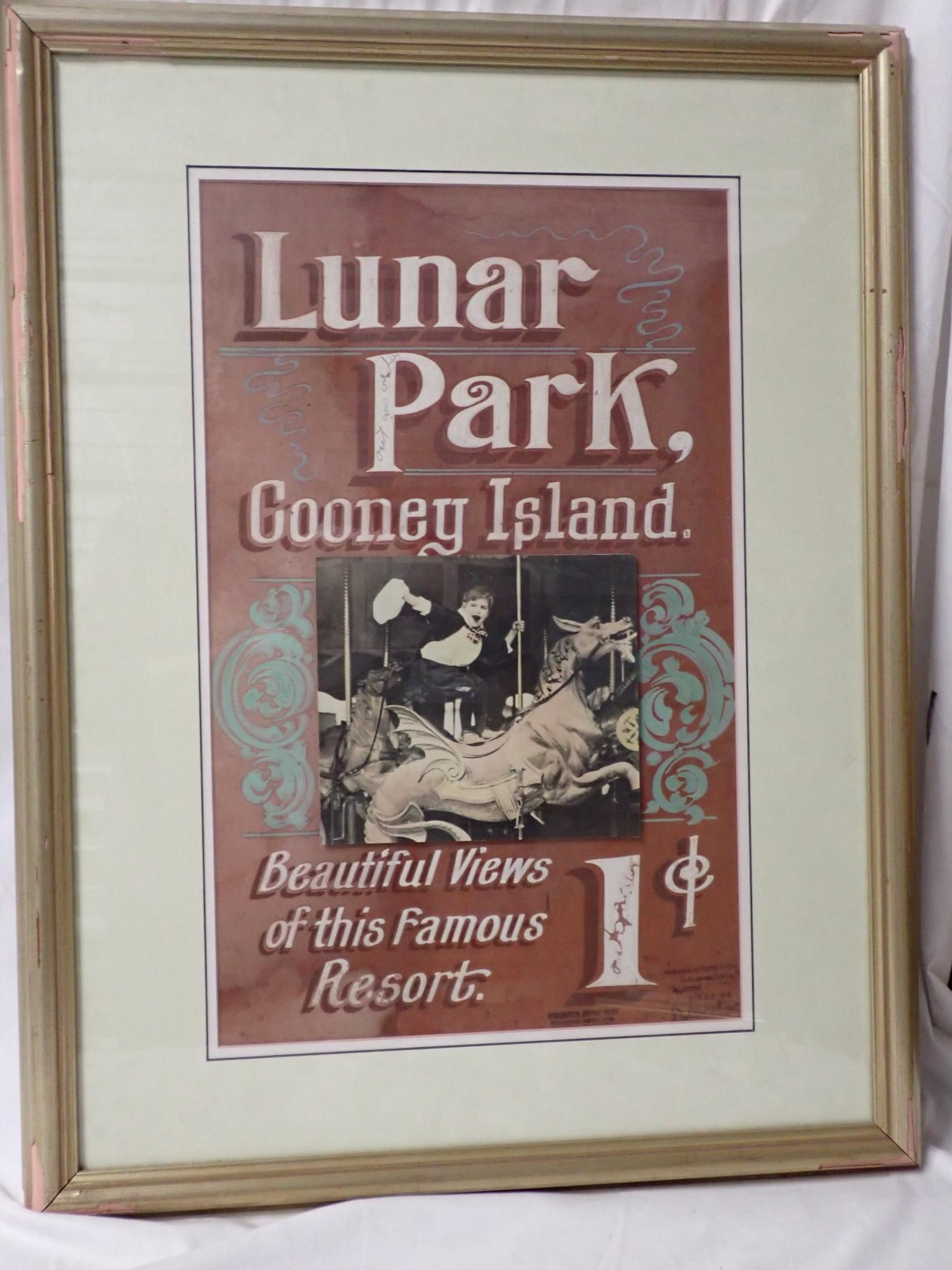Lunar Park Cooney Island: Poster some slight staining-overall good condition, Coney Island is spelled Cooney. 7 cards in good condition. Frame 26" x 20" (frame has some paint loss). Poster 19" x 12". The consigner states that