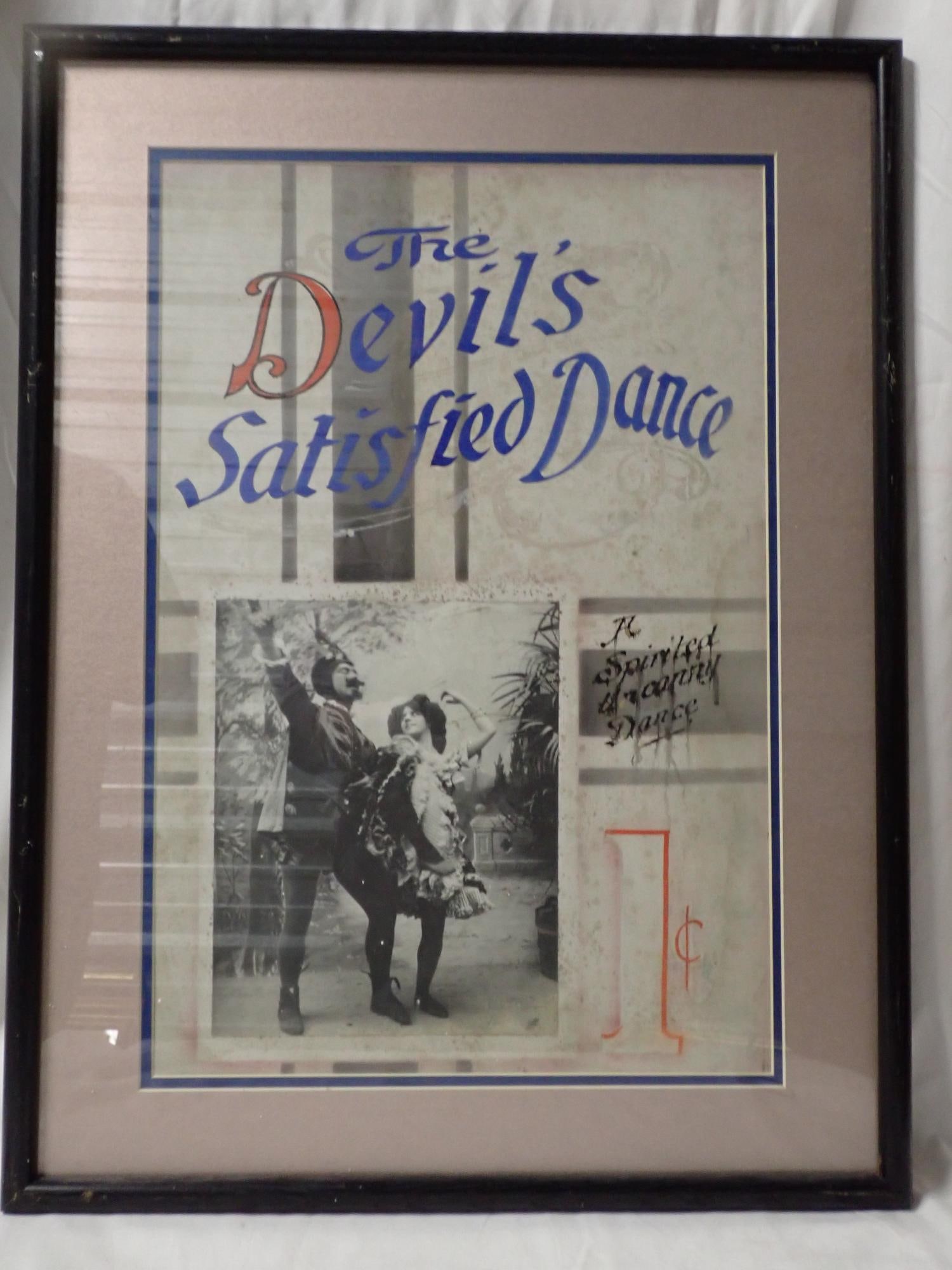 The Devils Satisfied Dance: Poster good condition. 14 cards good condition. Frame 25" x 19". Poster 20" x 13". The consigner states that these items were acquired from the estate of the Manager of White City Amusement Park