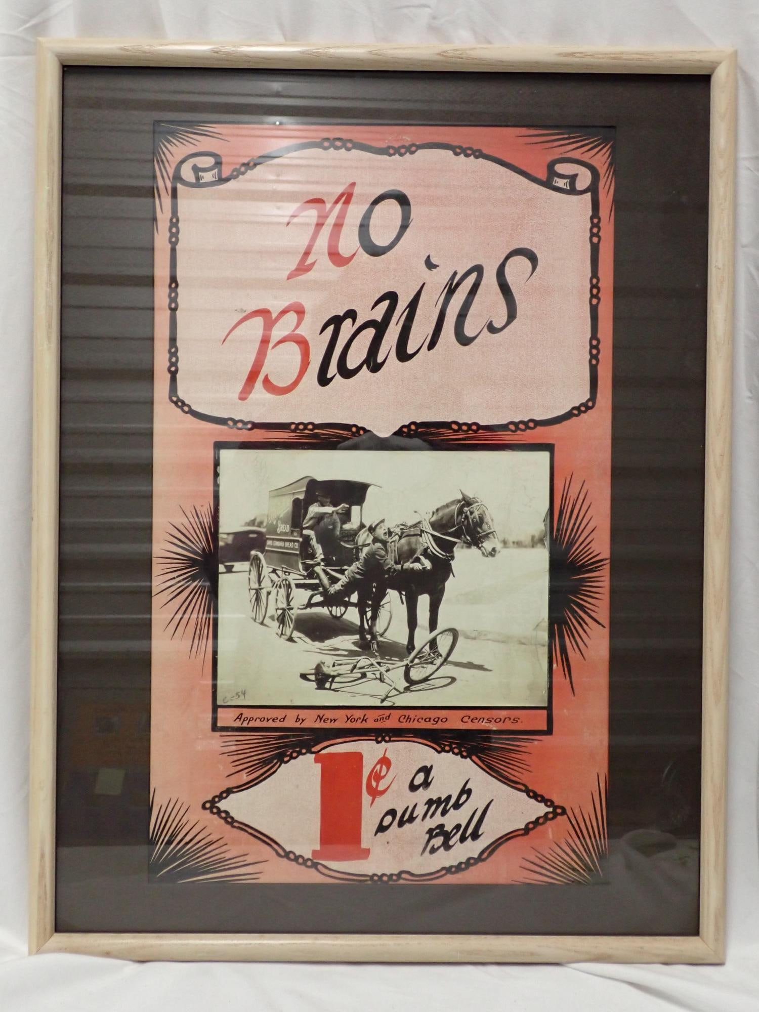 Comical Mutoscope Posters: The Rube in the Taxi (good condition, frame 25" x 19", poster 21" x 13"), No Brains (slight fading on left side, otherwise good condition, frame 25" x 19", poster 21" x 13", The Rube and the Pullman