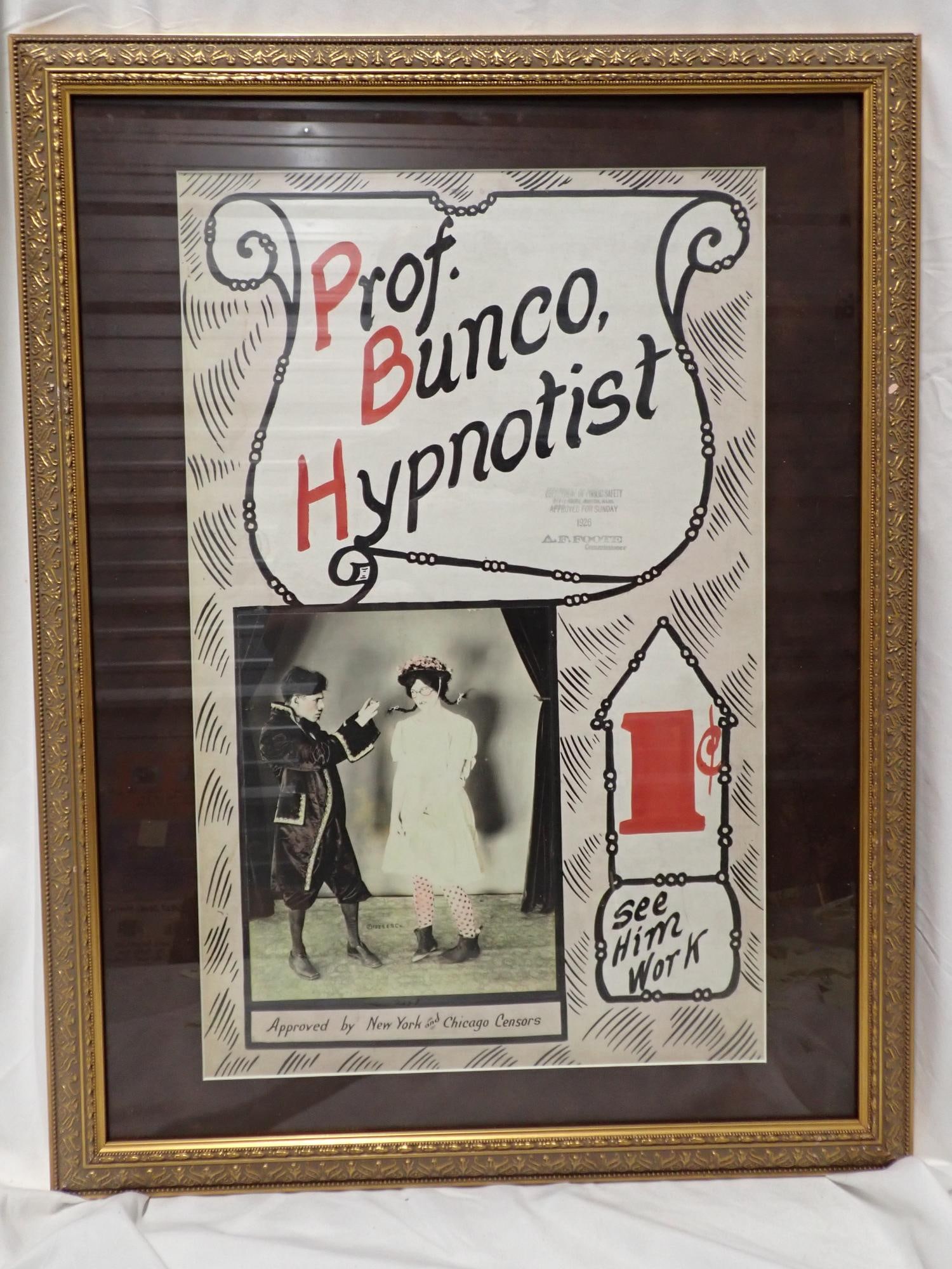 Prof. Bunco Hypnotist and Other Mutoscope Posters: Prof. Bunco Hypnotist (good condition, frame 26" x 20", poster 20" x 13"), When Isador Saw Diamonds (good condition, frame 25" x 19", poster 20" x 13", The Animated Scarecrow (some slight paint loss,